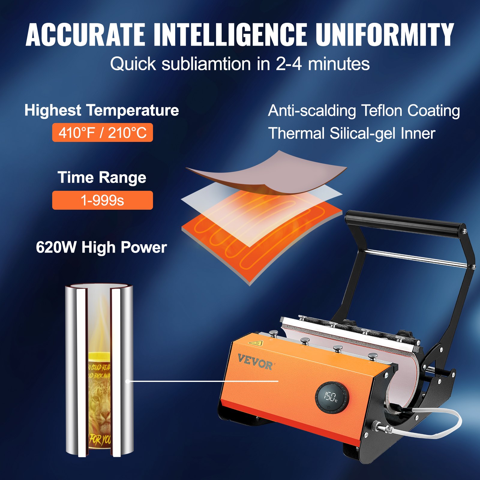 VEVOR Prensa Térmica para Tazas 11-30 oz Prensa para Tazas 620W Máquina de Impresión de Transferencia 29,1 x 31,2 x 25,7 cm con Pantalla Táctil Estilo Perilla y Circuito de Seguridad de Doble Control