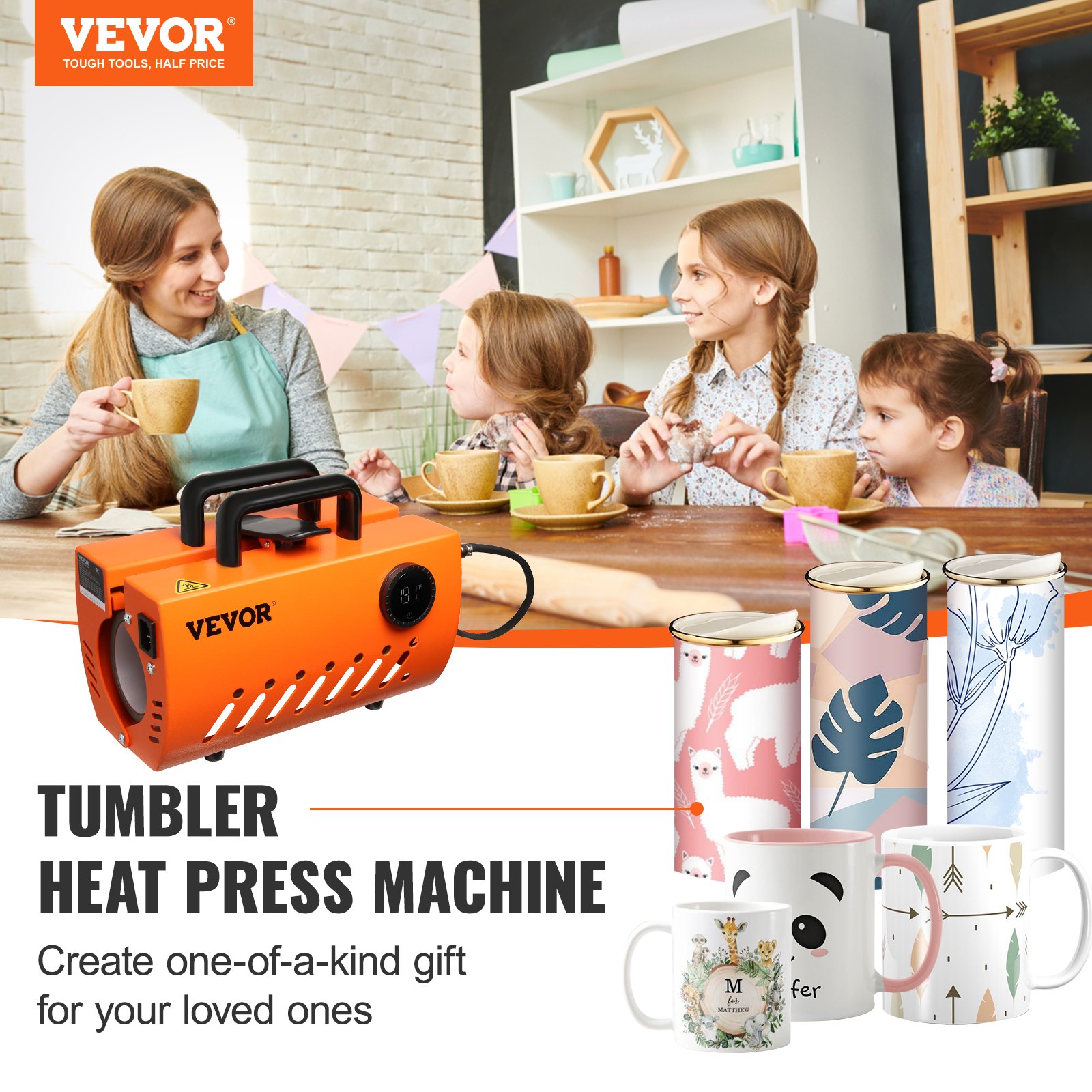 VEVOR Prensa Térmica para Tazas Prensa para Tazas Vasos 620 W Máquina de Impresión de Transferencia 23,5 x 11,5 x 1 cm con Guantes Resistentes al Calor y Cinta DIY Tazas de Cerámica Vasos