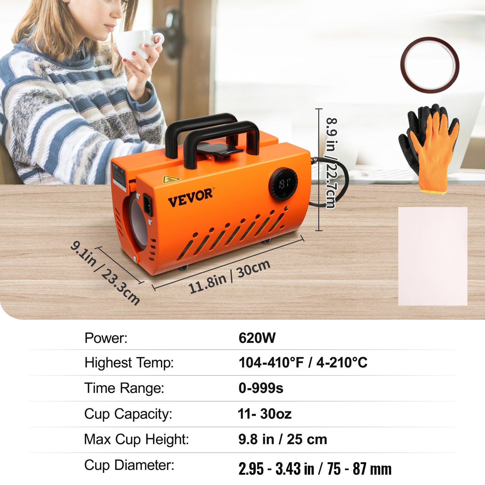 VEVOR Prensa Térmica para Tazas Prensa para Tazas Vasos 620 W Máquina de Impresión de Transferencia 23,5 x 11,5 x 1 cm con Guantes Resistentes al Calor y Cinta DIY Tazas de Cerámica Vasos