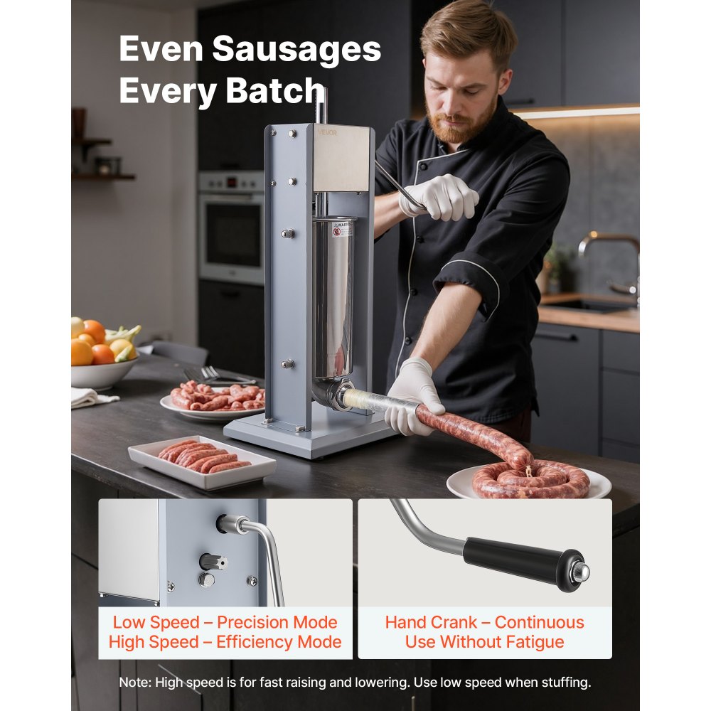 VEVOR Embutidora Manual de Salchichas Capacidad de 5 L, Embutidora Vertical de Mesa de Acero Inoxidable con 5 Tubos de Relleno para Churros Salchichas para Hogar, Cocina, Restaurante, Supermercado