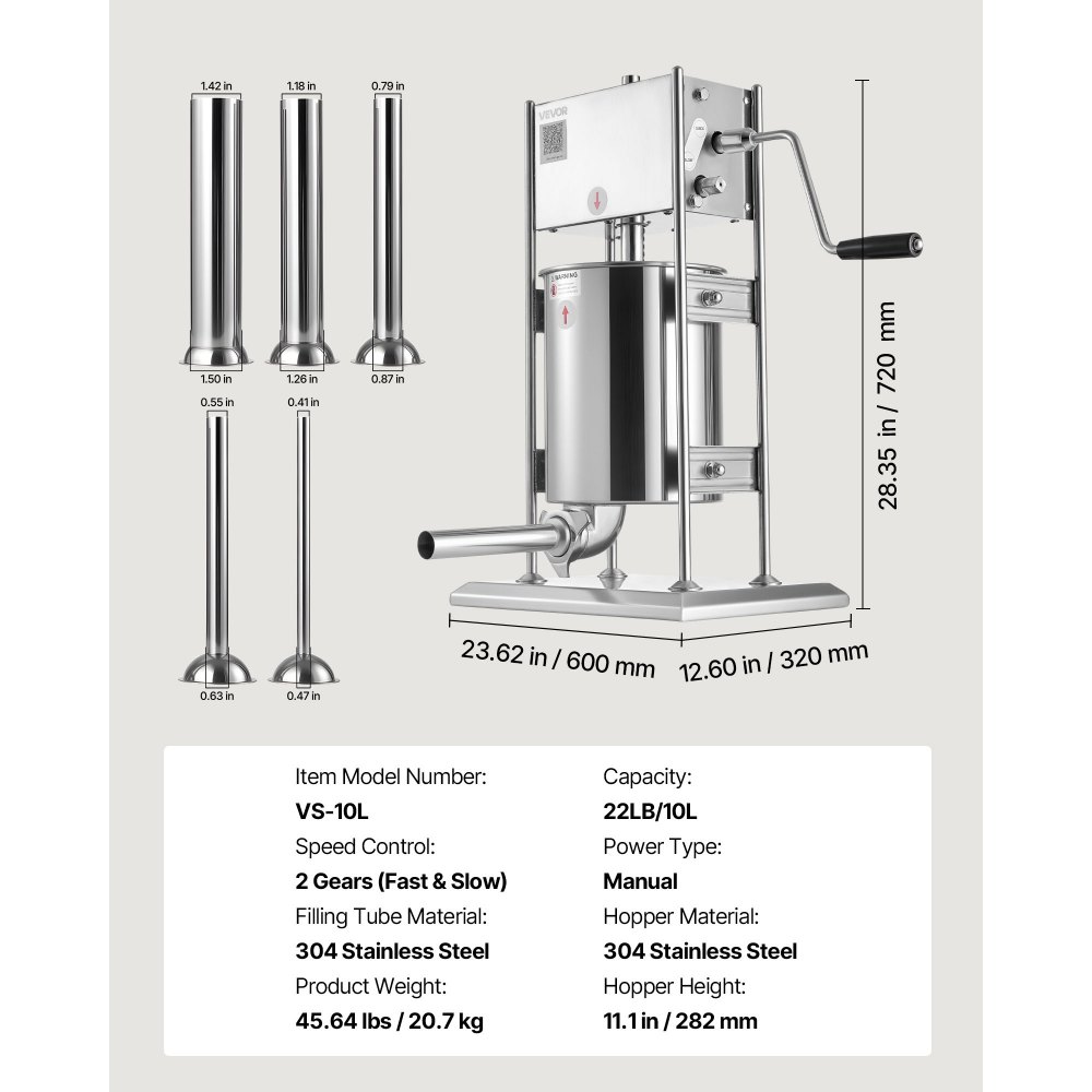 VEVOR Embutidora Manual de Salchichas de 10 L, Máquina de Llenado Vertical de Carne con 2 Velocidades Rápida/Lenta, de Acero Inoxidable Resistente, con 5 Tubos de Embutido, 600 x 320 x 720 mm