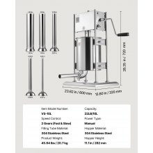 VEVOR Embutidora Manual de Salchichas de 10 L, Máquina de Llenado Vertical de Carne con 2 Velocidades Rápida/Lenta, de Acero Inoxidable Resistente, con 5 Tubos de Embutido, 600 x 320 x 720 mm