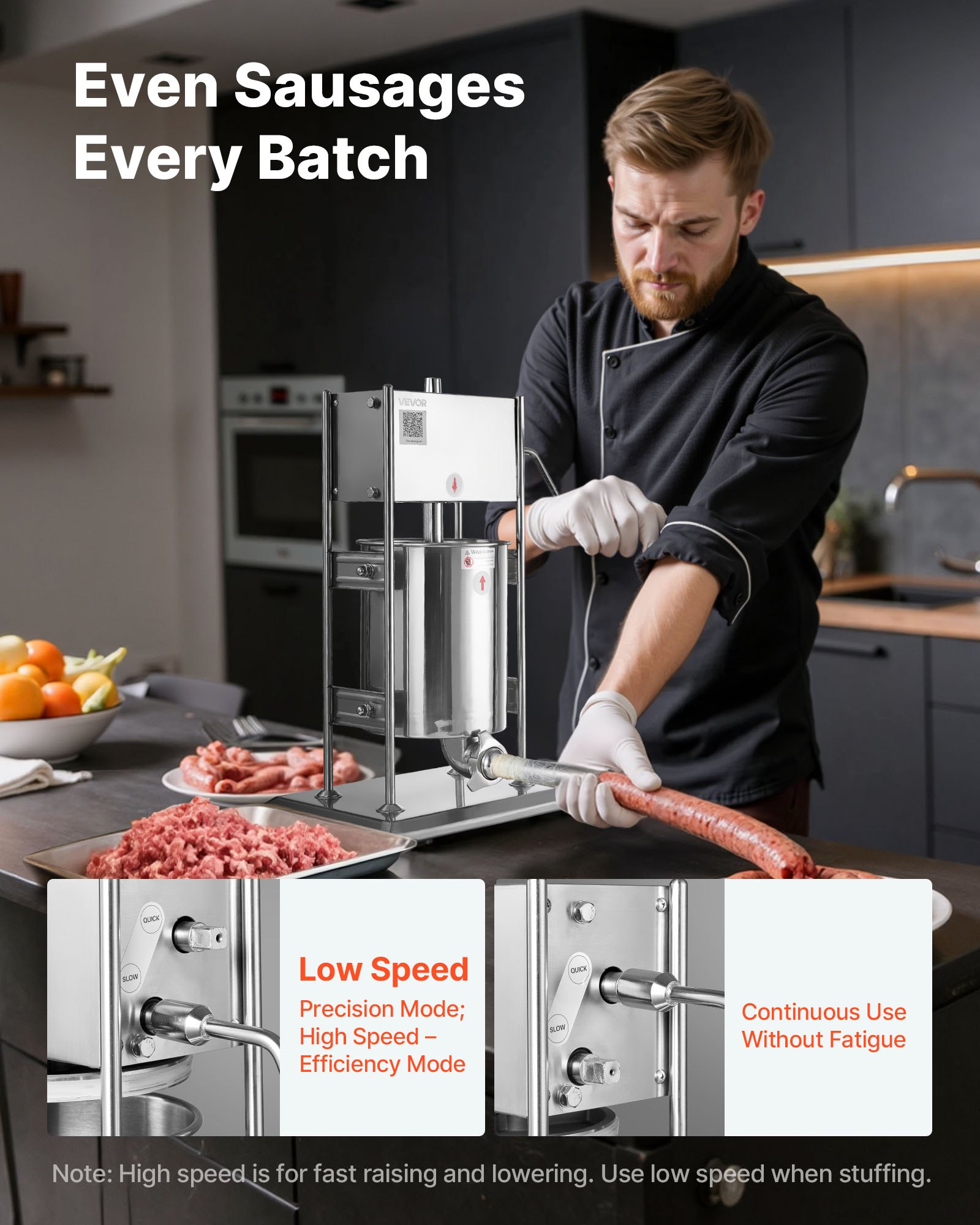 VEVOR Embutidora Manual de Salchichas de 10 L, Máquina de Llenado Vertical de Carne con 2 Velocidades Rápida/Lenta, de Acero Inoxidable Resistente, con 5 Tubos de Embutido, 600 x 320 x 720 mm