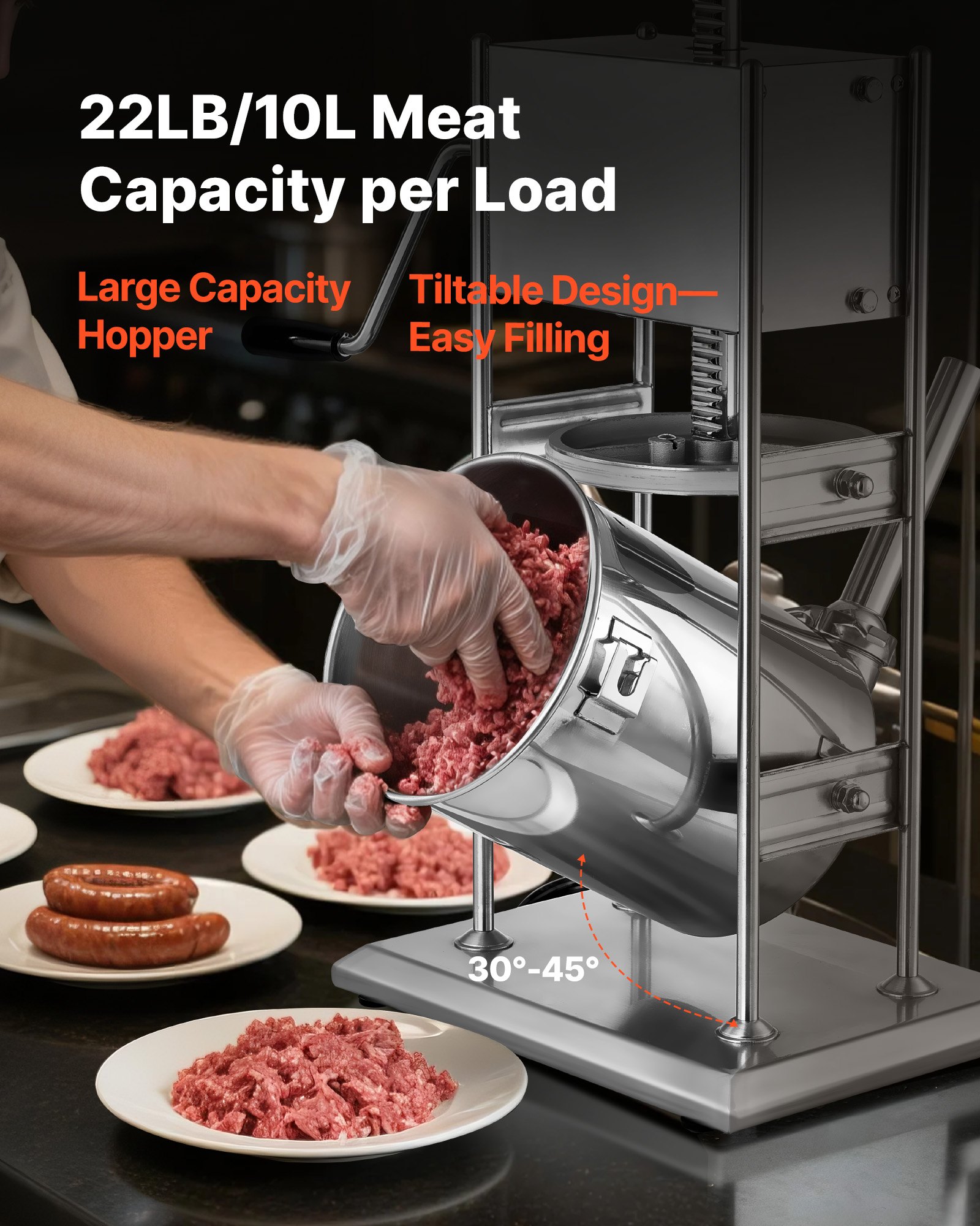 VEVOR Embutidora Manual de Salchichas de 10 L, Máquina de Llenado Vertical de Carne con 2 Velocidades Rápida/Lenta, de Acero Inoxidable Resistente, con 5 Tubos de Embutido, 600 x 320 x 720 mm