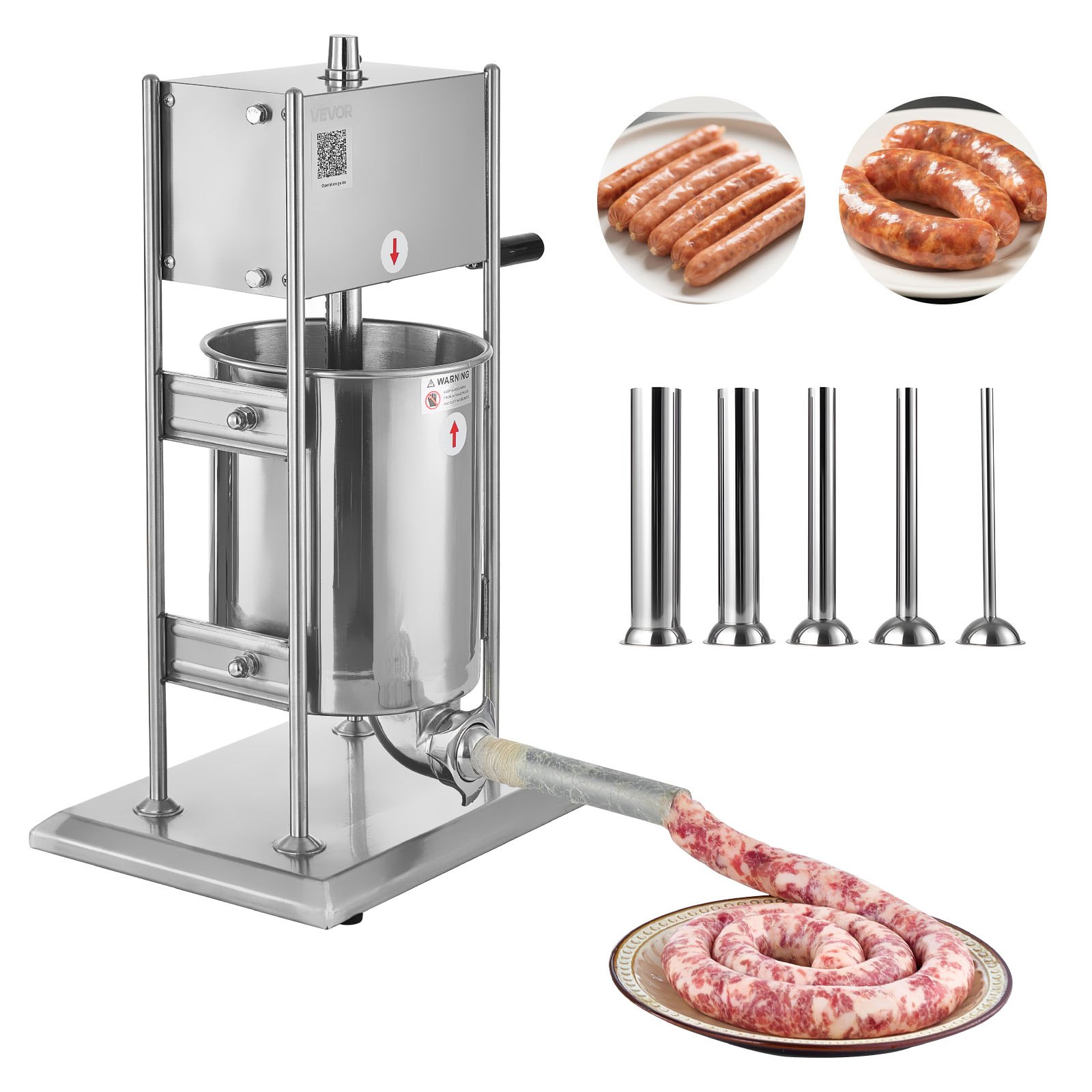 VEVOR Embutidora Manual de Salchichas de 10 L, Máquina de Llenado Vertical de Carne con 2 Velocidades Rápida/Lenta, de Acero Inoxidable Resistente, con 5 Tubos de Embutido, 600 x 320 x 720 mm