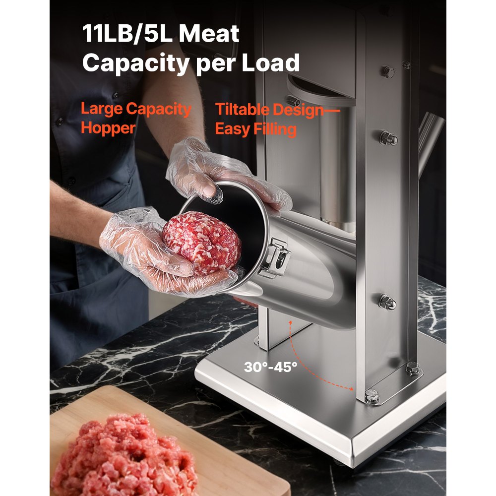 VEVOR Embutidora Manual de Salchichas de 5 L, Máquina de Llenado Vertical de Carne con 2 Velocidades de Rápida/Lenta, Acero Inoxidable Resistente, con 5 Tubos de Embutido, 490 x 300 x 660 mm