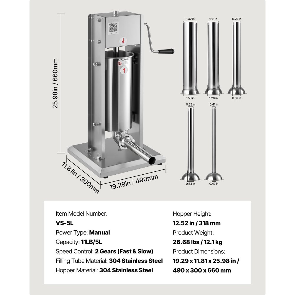 VEVOR Embutidora Manual de Salchichas de 5 L, Máquina de Llenado Vertical de Carne con 2 Velocidades de Rápida/Lenta, Acero Inoxidable Resistente, con 5 Tubos de Embutido, 490 x 300 x 660 mm