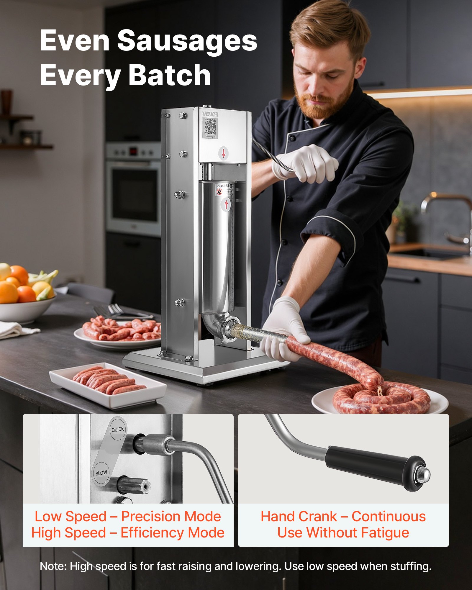 VEVOR Embutidora Manual de Salchichas de 5 L, Máquina de Llenado Vertical de Carne con 2 Velocidades de Rápida/Lenta, Acero Inoxidable Resistente, con 5 Tubos de Embutido, 490 x 300 x 660 mm