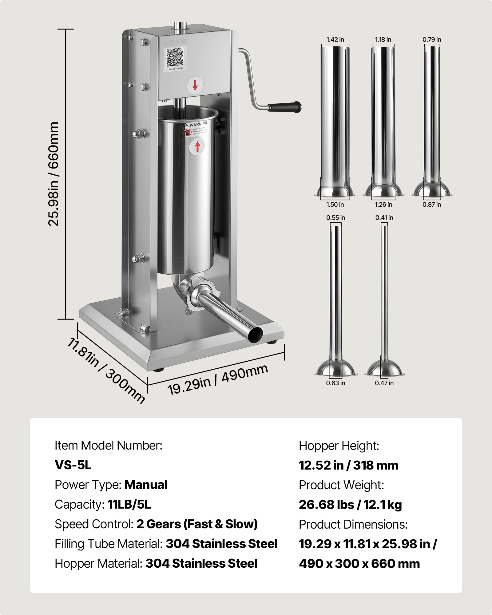 VEVOR Embutidora Manual de Salchichas de 5 L, Máquina de Llenado Vertical de Carne con 2 Velocidades de Rápida/Lenta, Acero Inoxidable Resistente, con 5 Tubos de Embutido, 490 x 300 x 660 mm