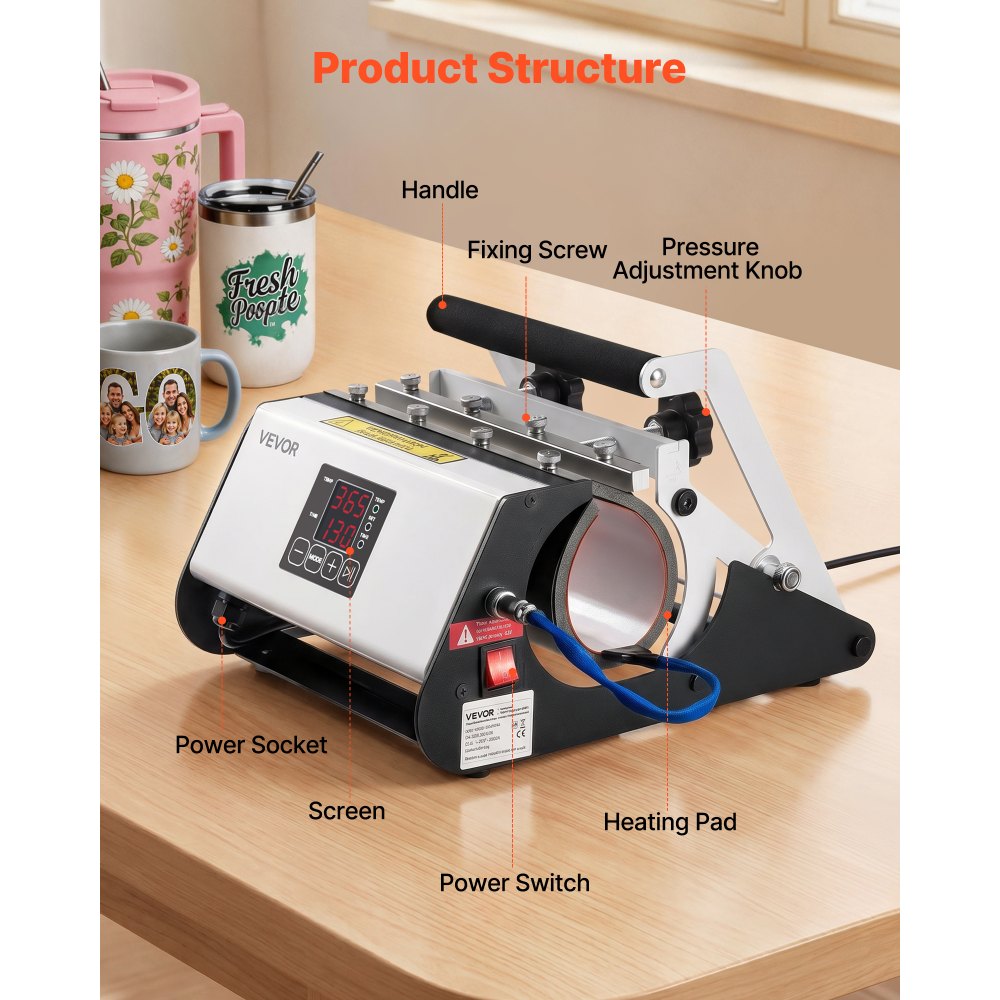 VEVOR Prensa de Calor para Tazas Prensa Térmica para Vasos Máx. de 1183 mL, Control de Temperatura Temporizador Cinta Guantes, Máquina de Sublimación para Vasos de Acero Inoxidable Vidrio Cerámica