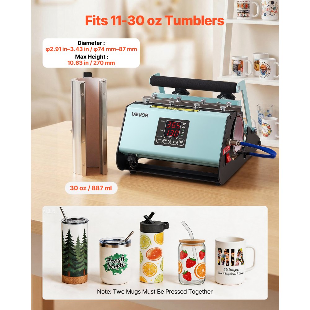VEVOR Prensa de Calor para Tazas Prensa Térmica para Vasos Máx. de 887 mL, Temperatura Ajustable 0-220℃ Temporizador 0-999s Cinta y Guantes, Máquina de Sublimación para Vasos de Vidrio Cerámica, Verde