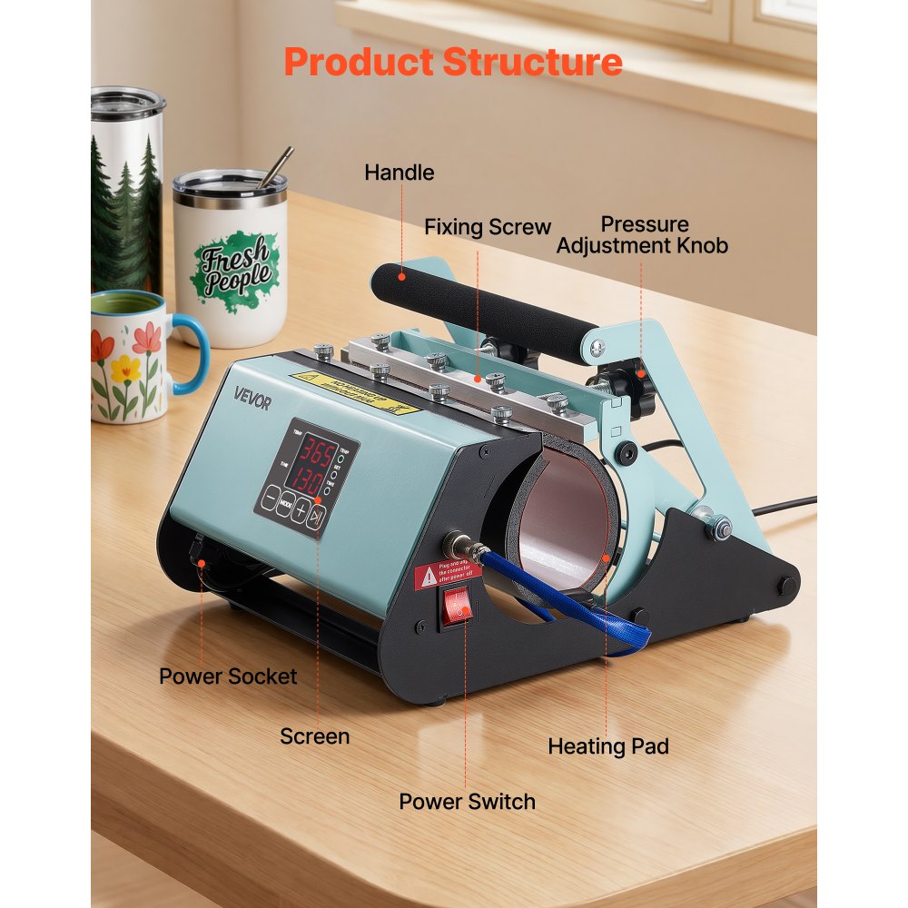 VEVOR Prensa de Calor para Tazas Prensa Térmica para Vasos Máx. de 887 mL, Temperatura Ajustable 0-220℃ Temporizador 0-999s Cinta y Guantes, Máquina de Sublimación para Vasos de Vidrio Cerámica, Verde