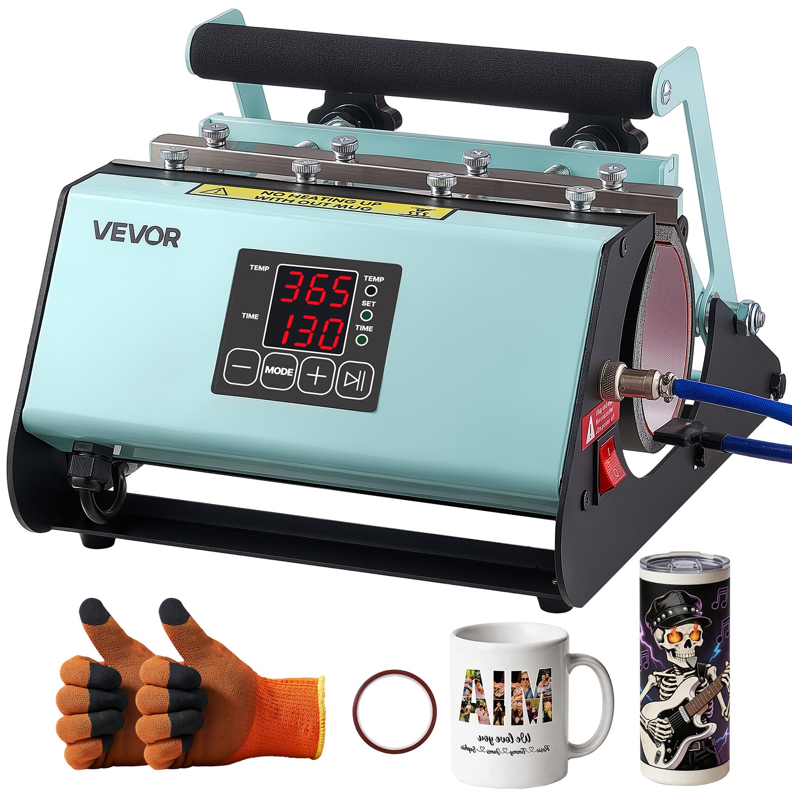 VEVOR Prensa de Calor para Tazas Prensa Térmica para Vasos Máx. de 887 mL, Temperatura Ajustable 0-220℃ Temporizador 0-999s Cinta y Guantes, Máquina de Sublimación para Vasos de Vidrio Cerámica, Verde