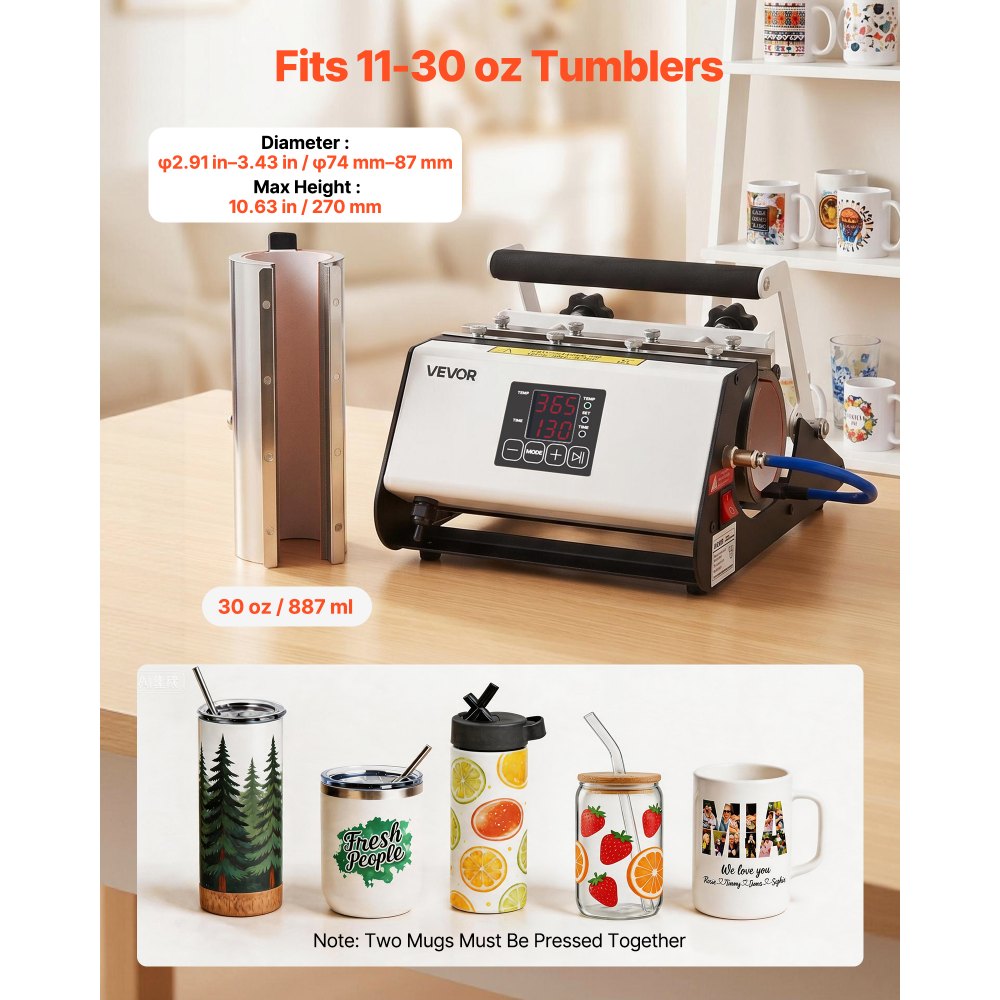 VEVOR Prensa de Calor para Tazas Máx. de 887 mL Prensa Térmica para Vasos, con Cinta Guantes Control de Temperatura Temporizador, Máquina de Impresión para Vasos de Vidrio Cerámica Acero Inoxidable