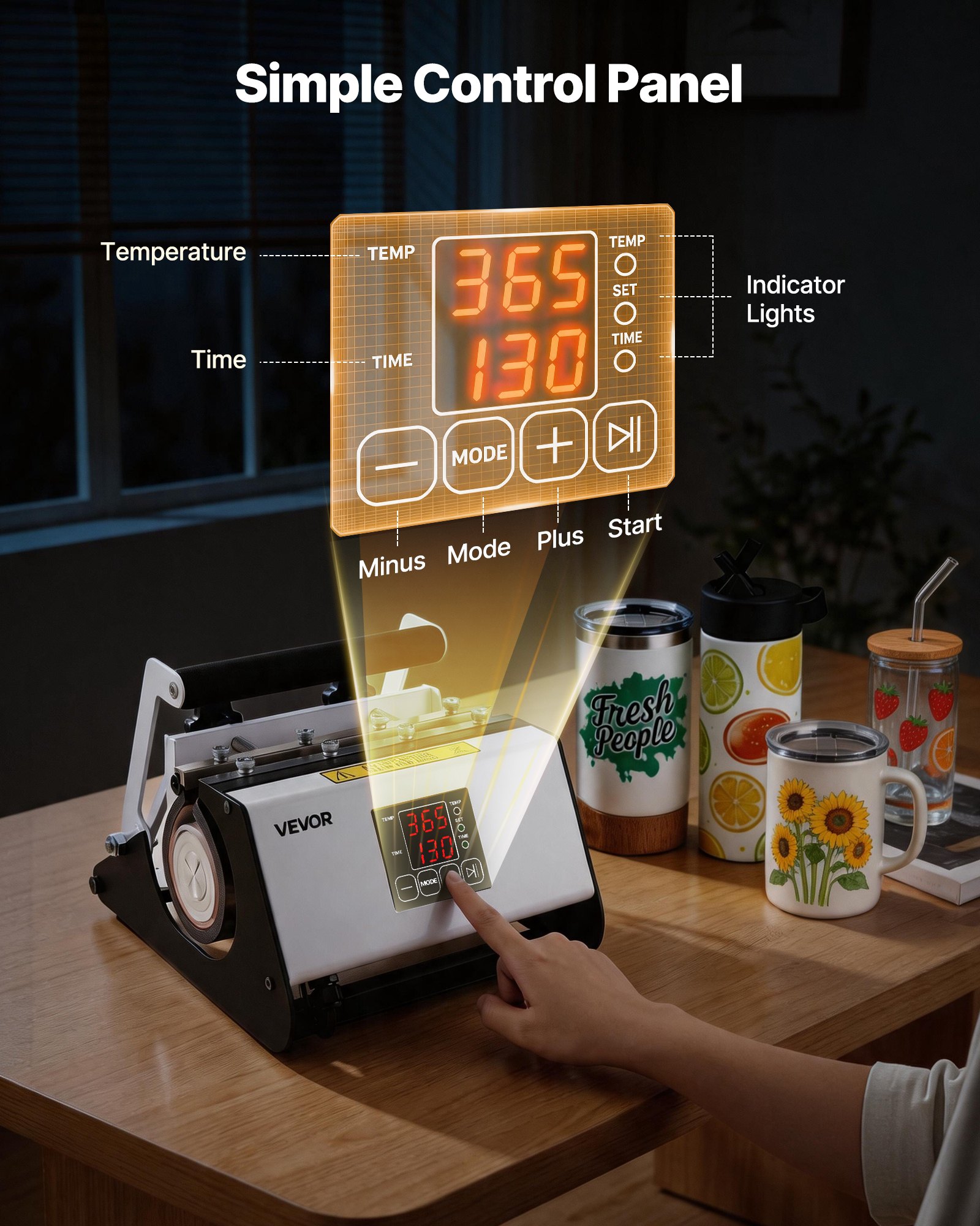 VEVOR Prensa de Calor para Tazas Máx. de 887 mL Prensa Térmica para Vasos, con Cinta Guantes Control de Temperatura Temporizador, Máquina de Impresión para Vasos de Vidrio Cerámica Acero Inoxidable