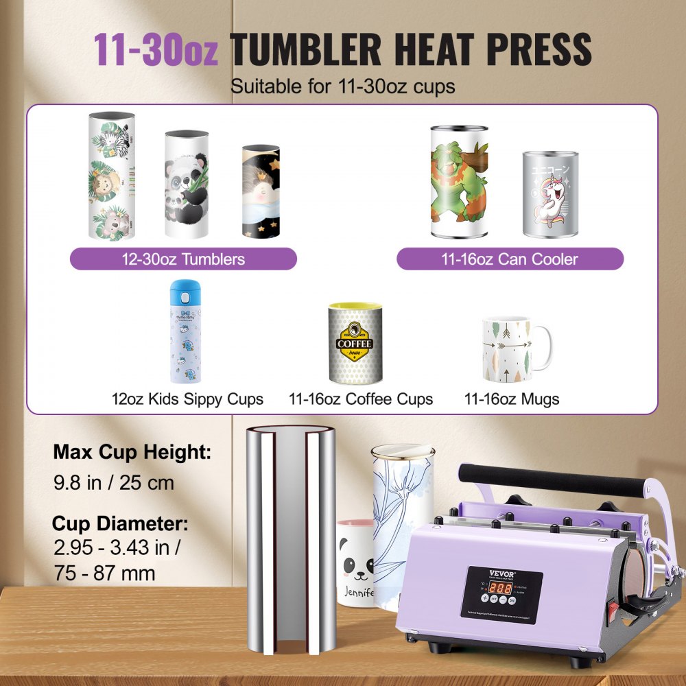 VEVOR Prensa Térmica para Vasos de 325-887 ml Prensa Térmica para Vasos con Papel de Sublimación, Cinta y Guantes, Ajuste de Temperatura y Temporizador, Impresión de Calor para Tazas y Jarras, Morado
