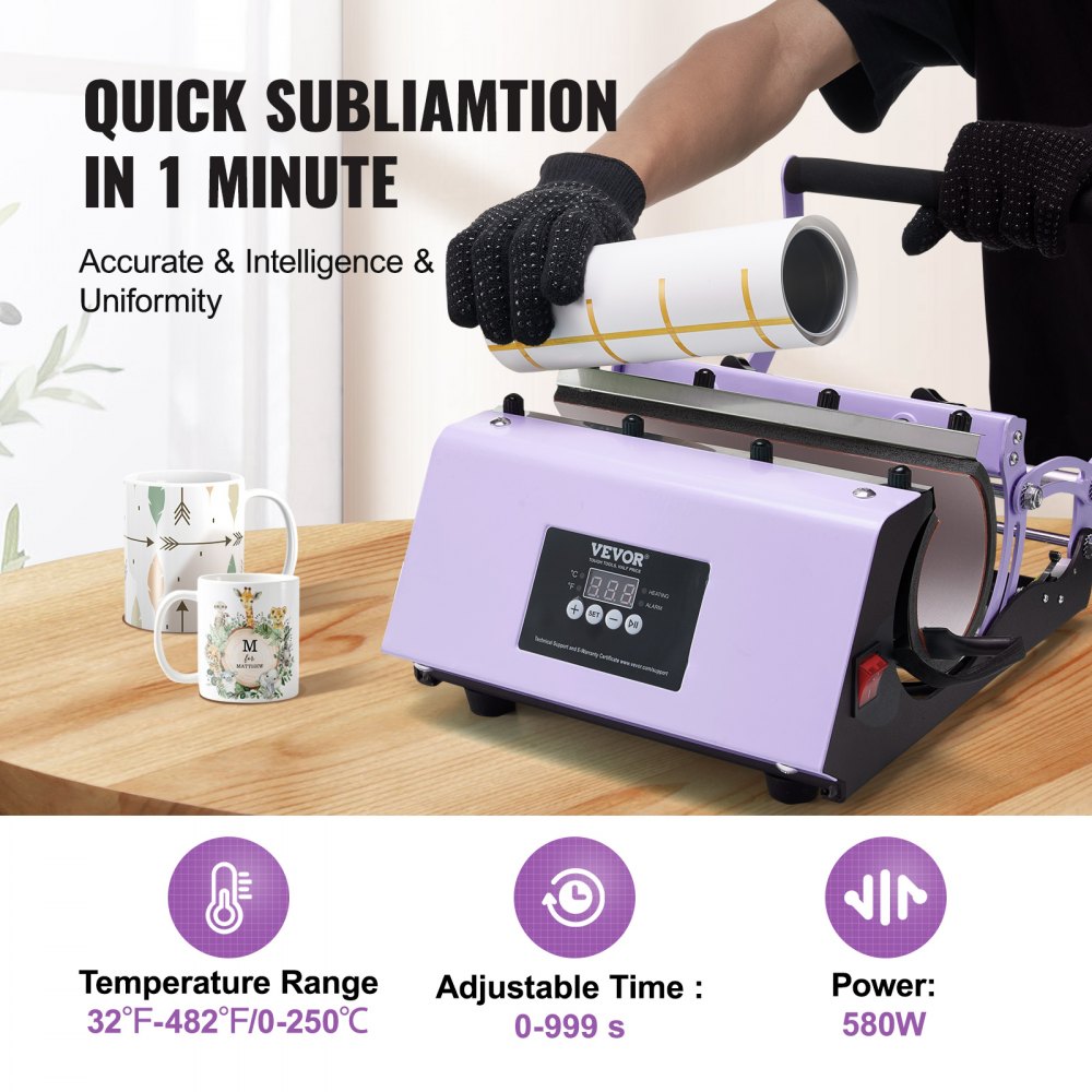 VEVOR Prensa Térmica para Vasos de 325-887 ml Prensa Térmica para Vasos con Papel de Sublimación, Cinta y Guantes, Ajuste de Temperatura y Temporizador, Impresión de Calor para Tazas y Jarras, Morado