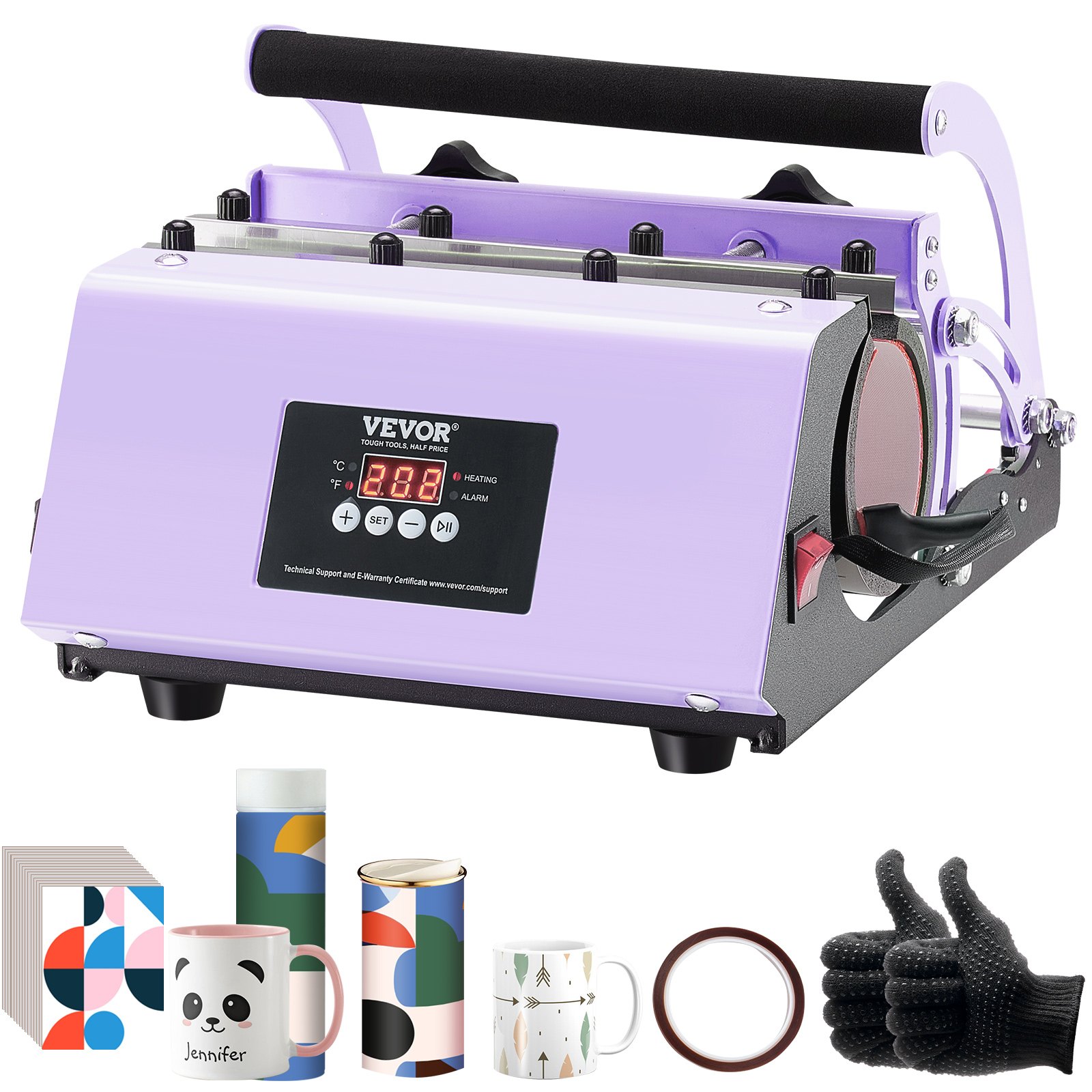 VEVOR Prensa Térmica para Vasos de 325-887 ml Prensa Térmica para Vasos con Papel de Sublimación, Cinta y Guantes, Ajuste de Temperatura y Temporizador, Impresión de Calor para Tazas y Jarras, Morado