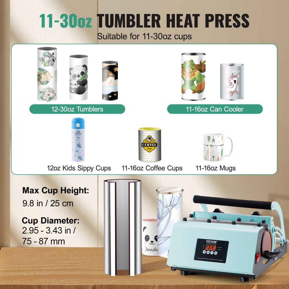 VEVOR - Prensa térmica para vasos, 11-30 oz, calentamiento rápido y uniforme, prensa para vasos con papel de sublimación, cinta y guantes, ajuste de temperatura y tiempo, para vasos, tazas y jarras de sublimación, color verde