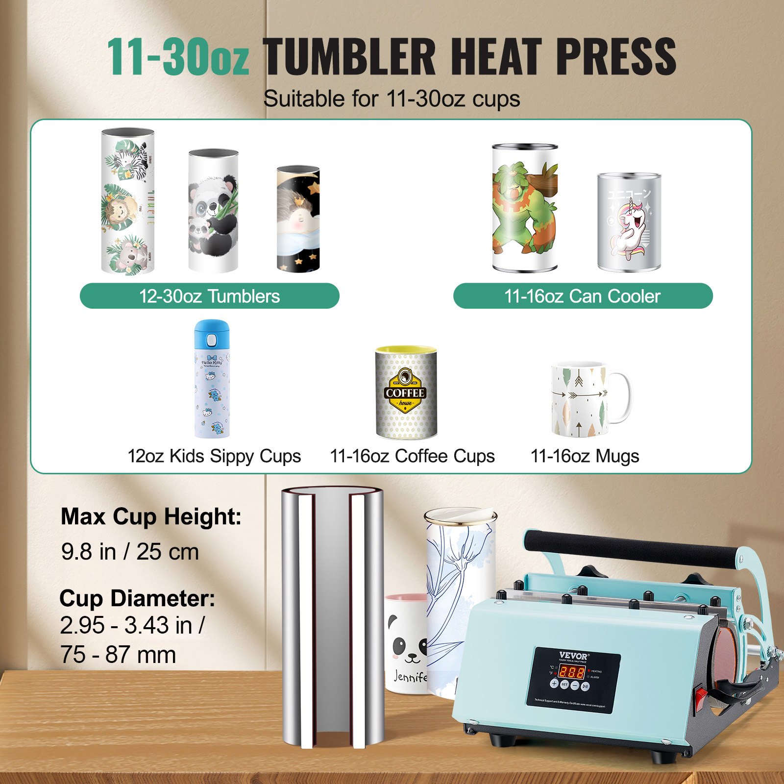 VEVOR - Prensa térmica para vasos, 11-30 oz, calentamiento rápido y uniforme, prensa para vasos con papel de sublimación, cinta y guantes, ajuste de temperatura y tiempo, para vasos, tazas y jarras de sublimación, color verde