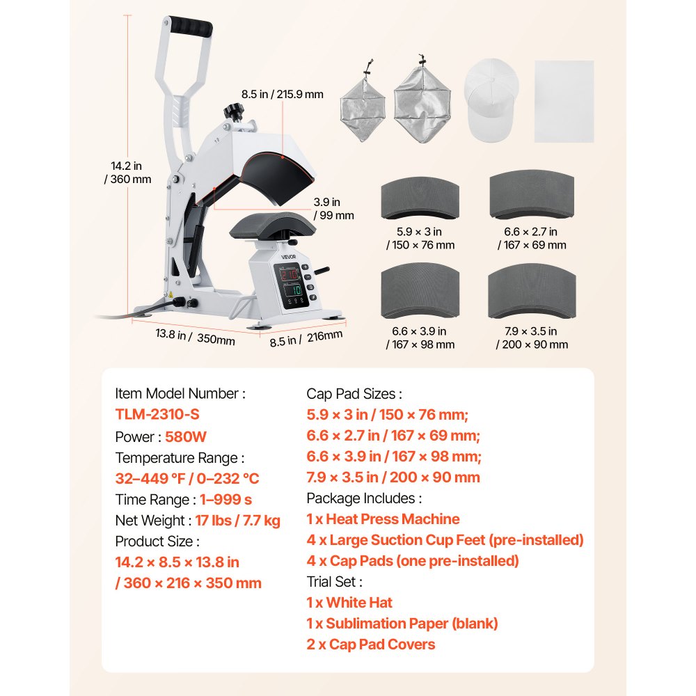 VEVOR Máquina de Prensado Térmico para Gorras de 580 W, Prensa Térmica para Gorras con 4 Placas Intercambiablesa, Control Preciso de Temperatura y Tiempo, para Proyectos de Sublimación, Blanco