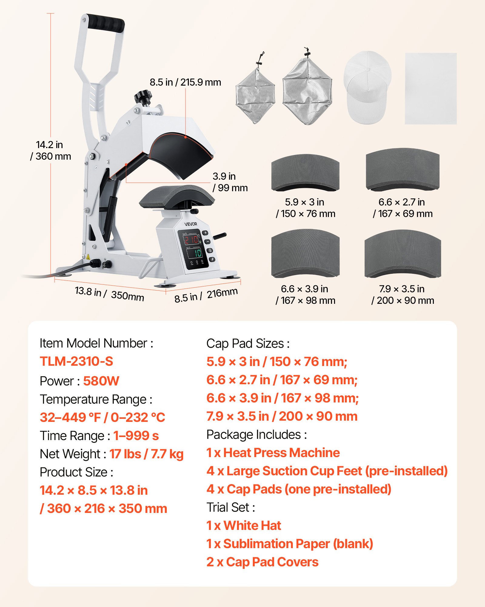 VEVOR Máquina de Prensado Térmico para Gorras de 580 W, Prensa Térmica para Gorras con 4 Placas Intercambiablesa, Control Preciso de Temperatura y Tiempo, para Proyectos de Sublimación, Blanco