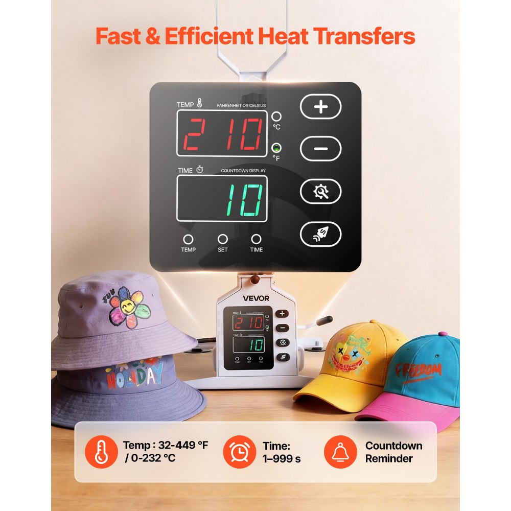 VEVOR Máquina de Prensado Térmico para Gorras 580 W, Prensa Térmica para Gorras con Placa Calefactora, Control Preciso de Temperatura y Tiempo, para Proyectos de Sublimación y Planchado, Blanco