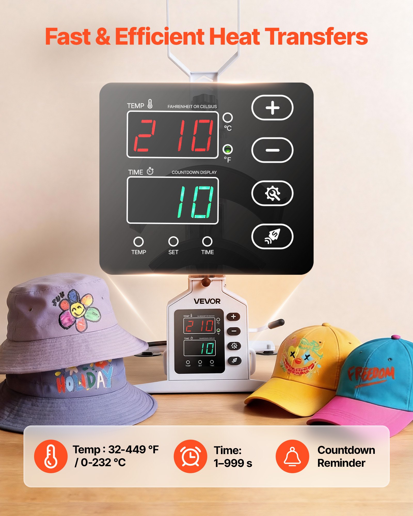 VEVOR Máquina de Prensado Térmico para Gorras 580 W, Prensa Térmica para Gorras con Placa Calefactora, Control Preciso de Temperatura y Tiempo, para Proyectos de Sublimación y Planchado, Blanco