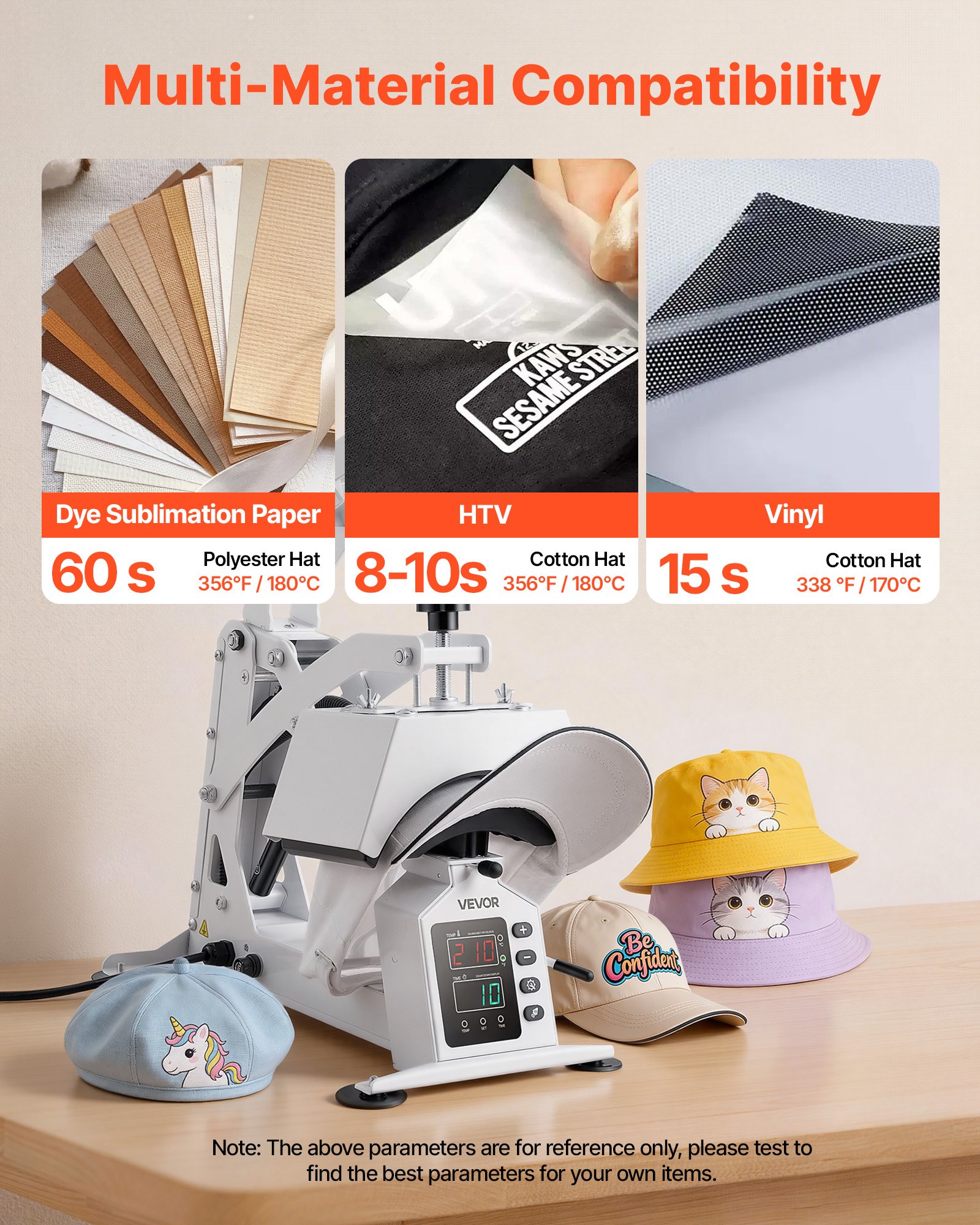 VEVOR Máquina de Prensado Térmico para Gorras 580 W, Prensa Térmica para Gorras con Placa Calefactora, Control Preciso de Temperatura y Tiempo, para Proyectos de Sublimación y Planchado, Blanco
