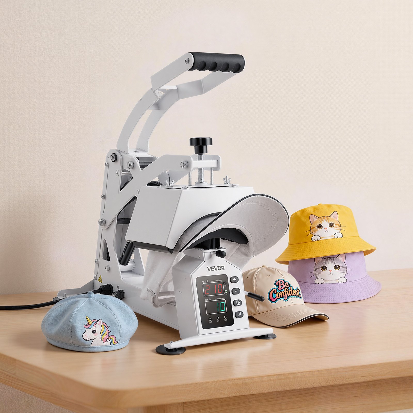 VEVOR Máquina de Prensado Térmico para Gorras 580 W, Prensa Térmica para Gorras con Placa Calefactora, Control Preciso de Temperatura y Tiempo, para Proyectos de Sublimación y Planchado, Blanco
