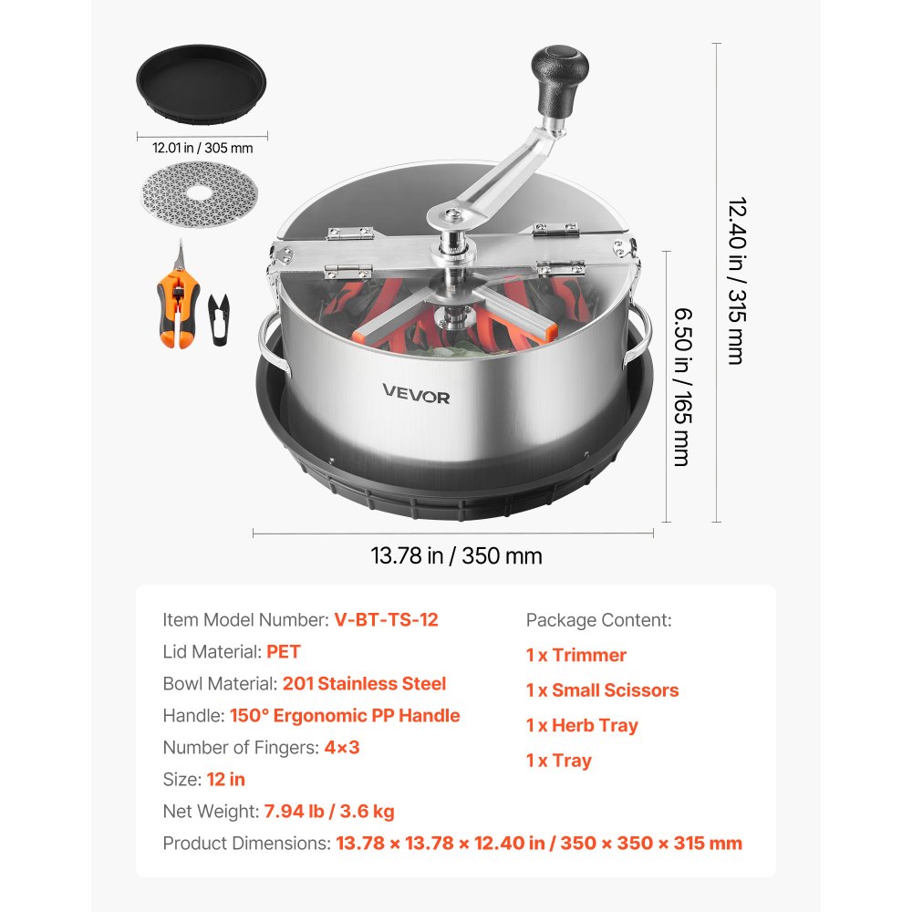 VEVOR Máquina Recortadora de Cuenco de Hojas Manual 305 mm Recortadora de Cuenco de Hoja de Brote con Tapa Transparente y 2 Rejillas de Acero Inoxidable para Recorte en Seco y Húmedo para Cogollos