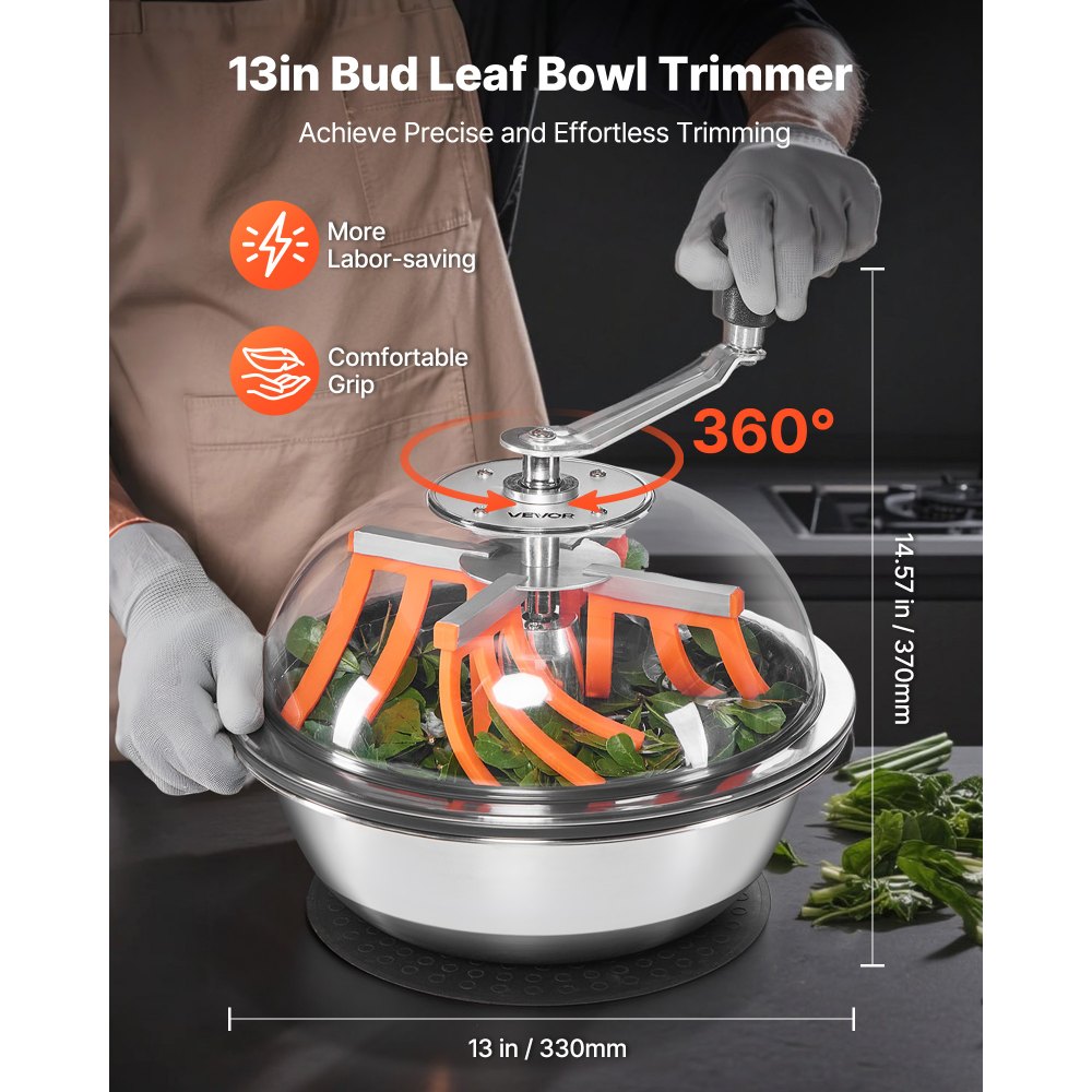 VEVOR Máquina Recortadora de Cuenco de Hojas Manual 330 mm Recortadora de Cuenco de Hoja de Brote con Tapa Transparente y 3 Rejillas de Acero Inoxidable para Brotes de Flores, Hierbas Aromáticas