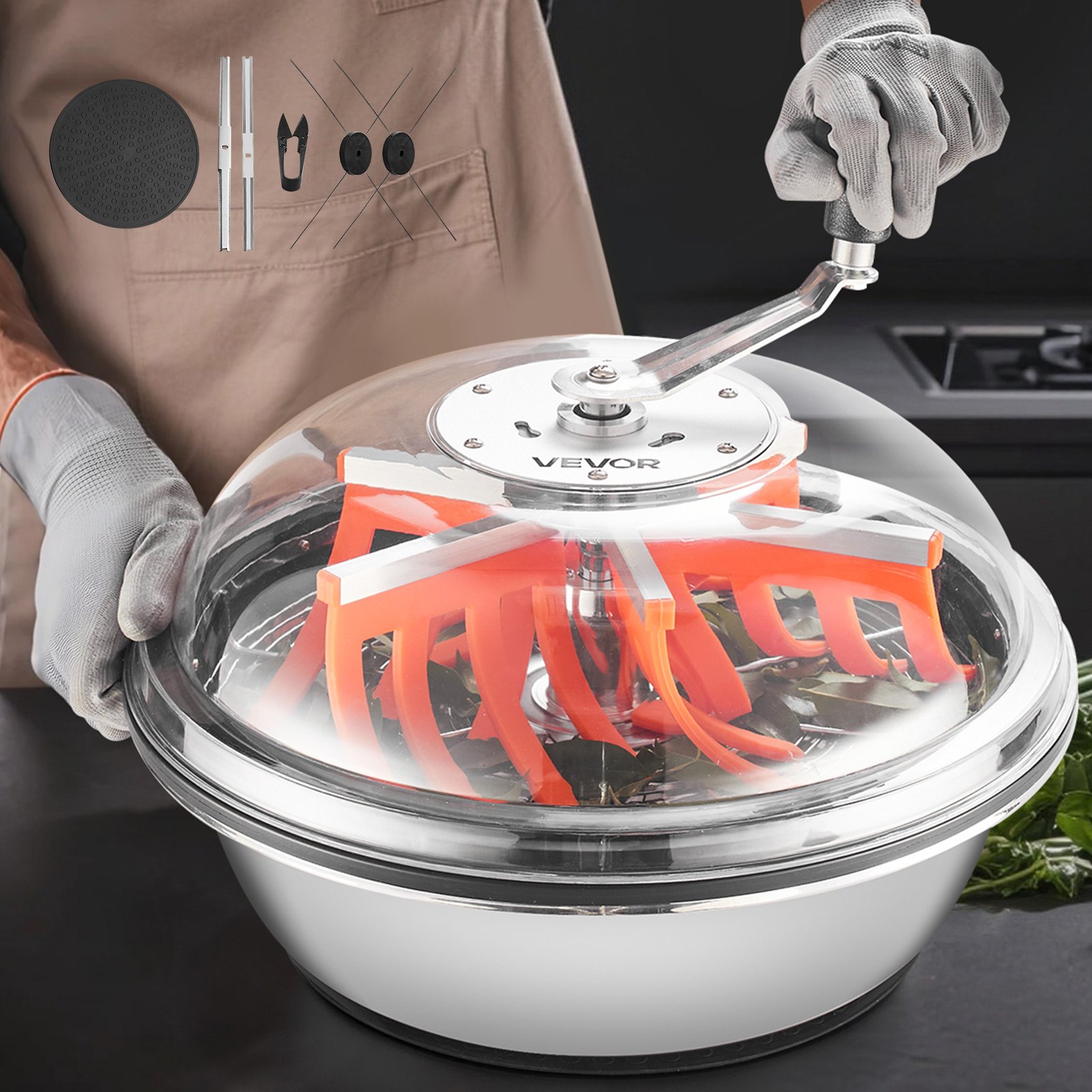 VEVOR Máquina Recortadora de Cuenco de Hojas Manual 420 mm Recortadora de Cuenco de Hoja de Brote con Tapa Transparente y 3 Rejillas de Acero Inoxidable para Brotes de Flores, Hierbas Aromáticas