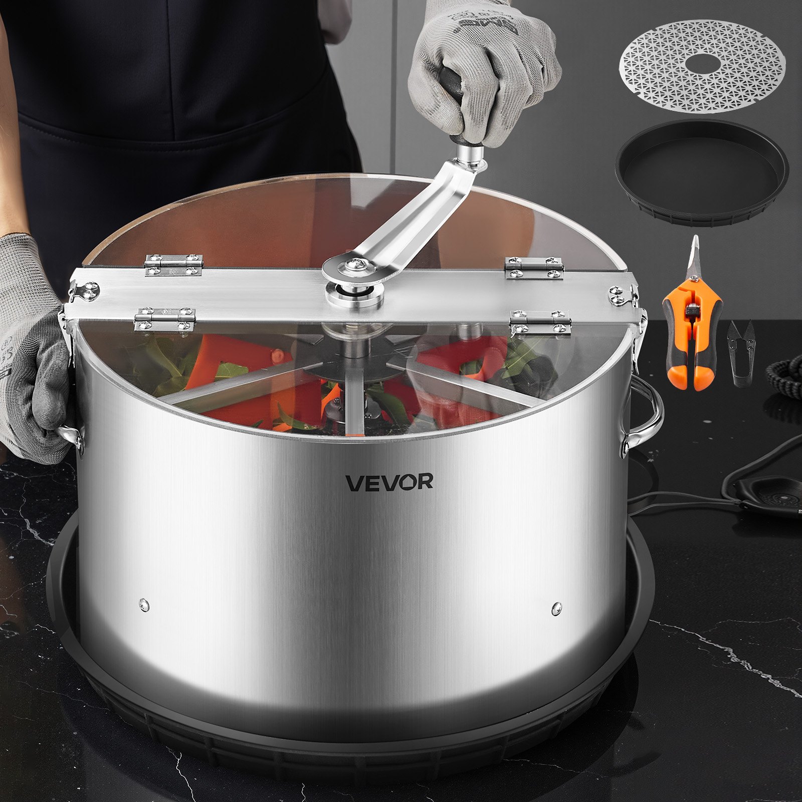 VEVOR Máquina Recortadora de Cuenco de Hojas Manual 370 mm, Recortadora de Cuenco de Hoja de Brote con Tapa Transparente y Rejilla de Acero Inoxidable, Corte Visual, para Cogollos, Brotes, Hierbas