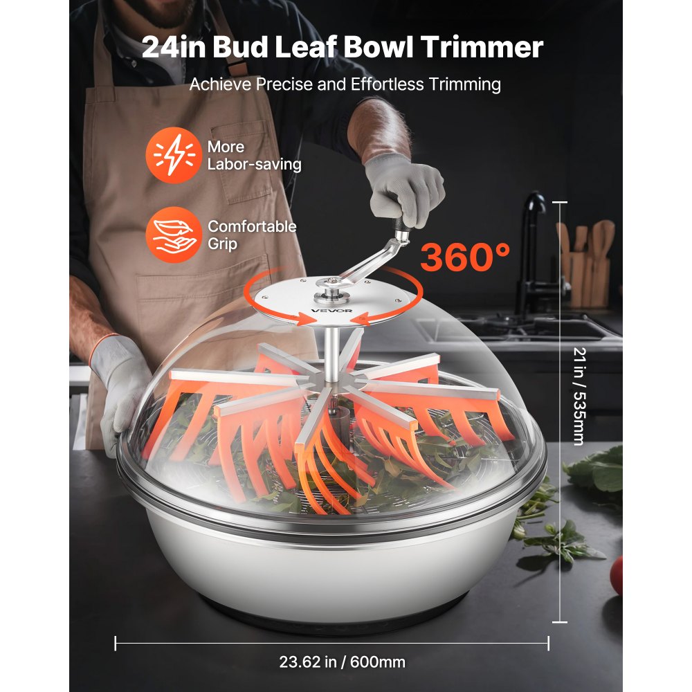 VEVOR Máquina Recortadora de Cuenco de Hojas Manual 600 mm Recortadora de Cuenco de Hoja de Brote con Tapa Transparente y 3 Rejillas de Acero Inoxidable para Brotes de Flores, Hierbas Aromáticas