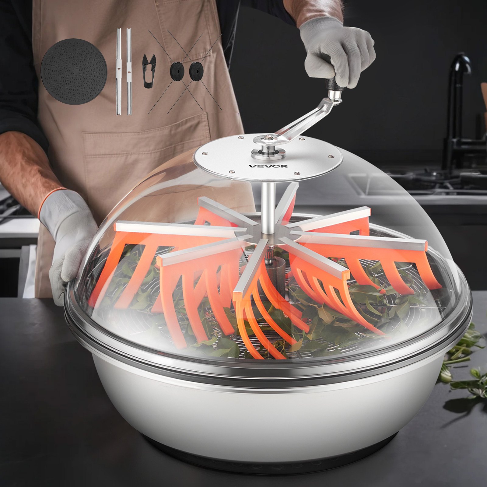 VEVOR Máquina Recortadora de Cuenco de Hojas Manual 600 mm Recortadora de Cuenco de Hoja de Brote con Tapa Transparente y 3 Rejillas de Acero Inoxidable para Brotes de Flores, Hierbas Aromáticas