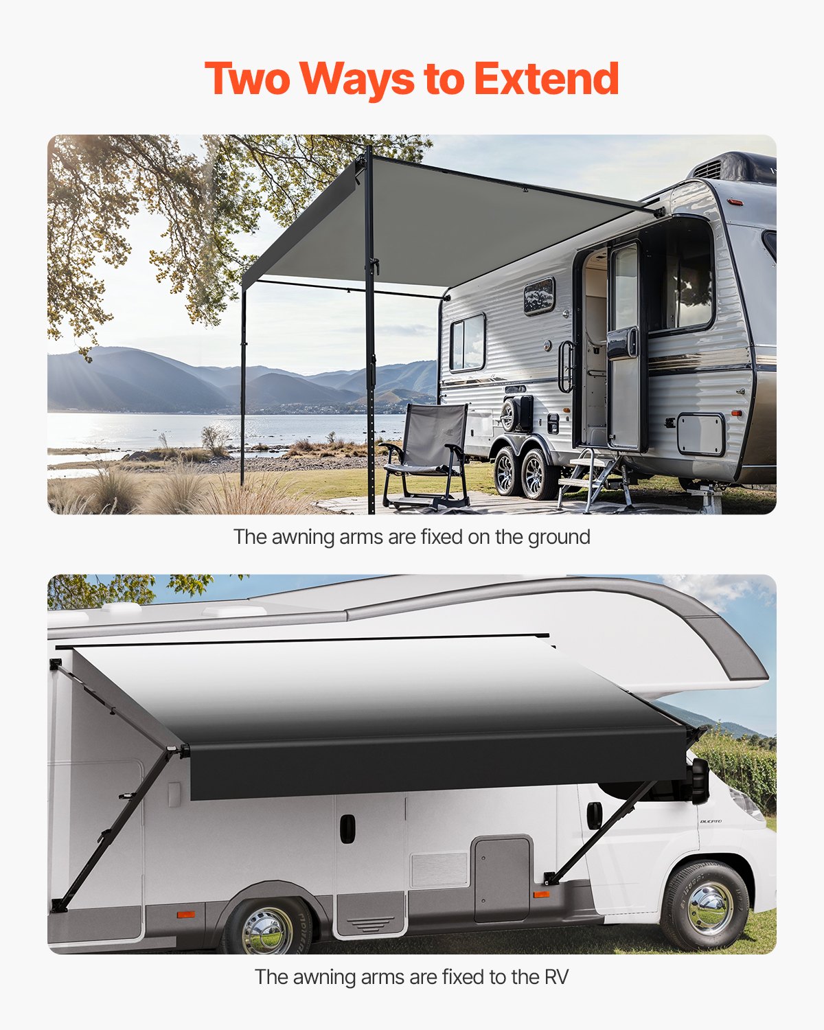 VEVOR Caravan Awning Retractable RV Awning (548.64 cm) Waterproof Motorhome Awning with Aluminum Alloy Frame, Exterior Awning with Black Stand & Black Gradient Fabric