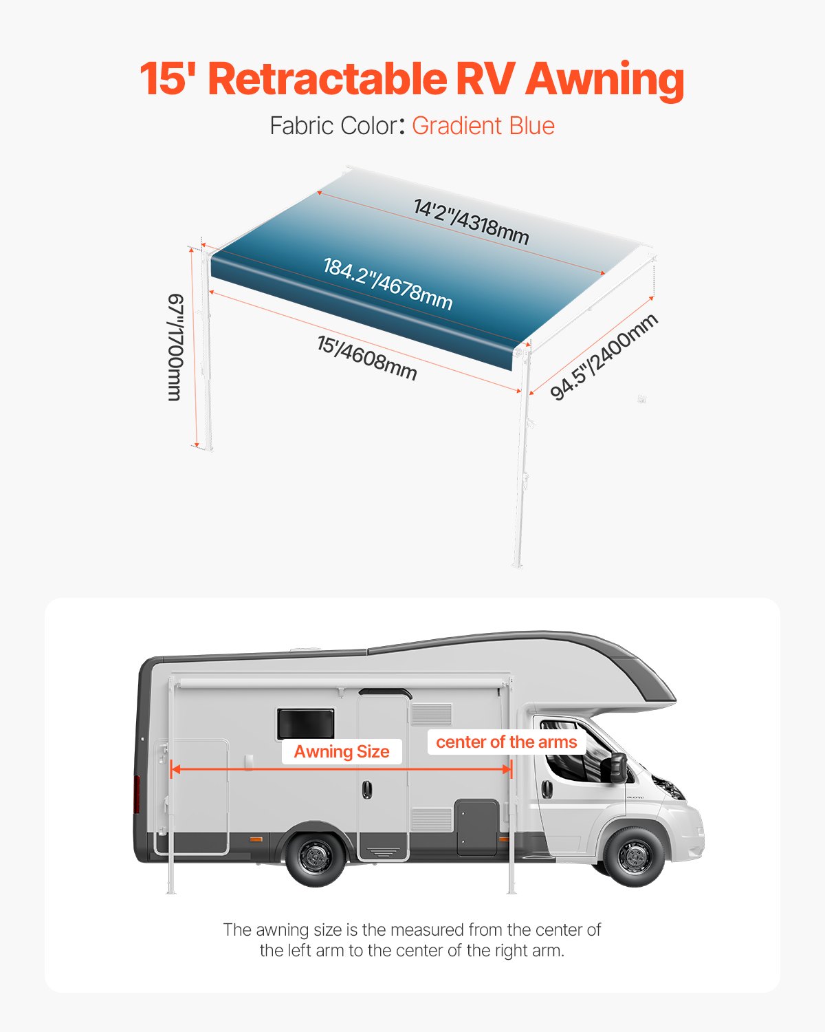 VEVOR Toldo de Repuesto 457 cm Toldo Retráctil Modular de Vinilo para RV con Marco de Aleación de Aluminio Toldo para Remolque Exterior Manual Apto para la Mayoría de los RVs, Azul Degradado