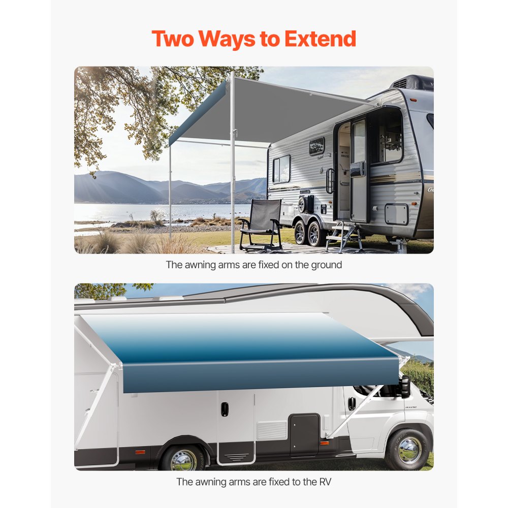 VEVOR Caravan Awning Retractable RV Awning (548.64 cm) Waterproof Motorhome Awning with Aluminum Alloy Frame, Exterior Awning with White Stand and Blue Gradient Fabric