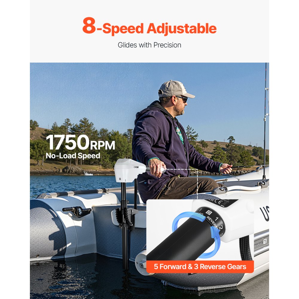 VEVOR Motor Eléctrico de Arrastre 25 kg de Empuje Motor Fuerabordas para Barco Montado en Espejo de Popa 12 V Eje de 76,2 cm 8 Velocidades con Indicador de Batería para Kayaks en Agua Dulce Salada