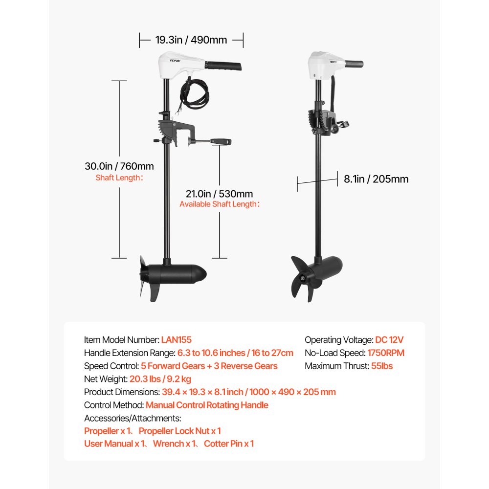 VEVOR Motor Eléctrico de Arrastre 25 kg de Empuje Motor Fuerabordas para Barco Montado en Espejo de Popa 12 V Eje de 76,2 cm 8 Velocidades con Indicador de Batería para Kayaks en Agua Dulce Salada