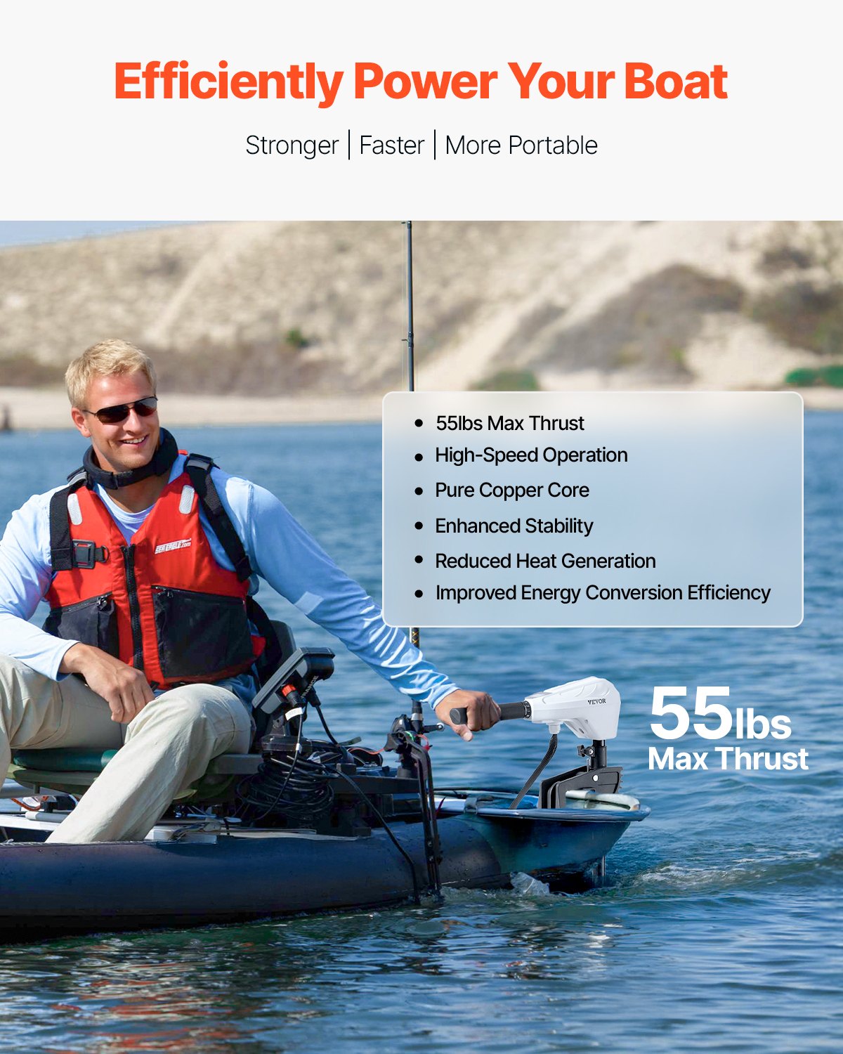 VEVOR Motor Eléctrico de Arrastre 25 kg de Empuje Motor Fuerabordas para Barco Montado en Espejo de Popa 12 V Eje de 76,2 cm 8 Velocidades con Indicador de Batería para Kayaks en Agua Dulce Salada