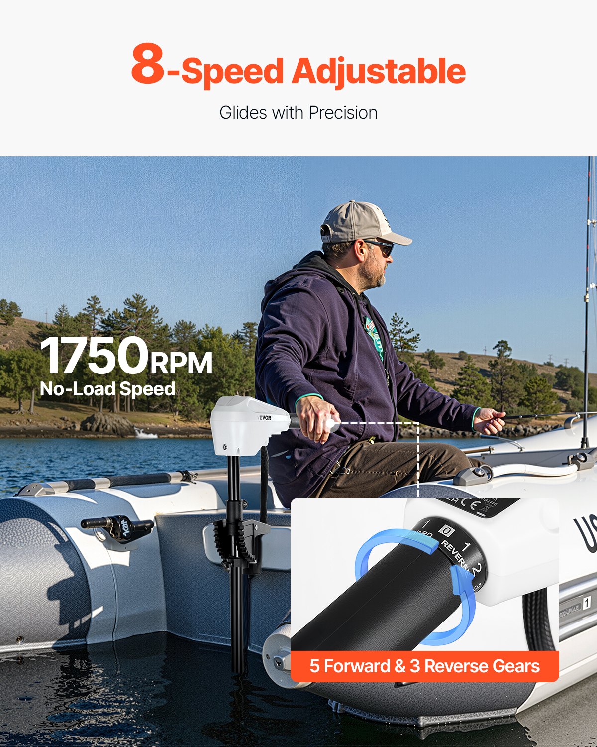 VEVOR Motor Eléctrico de Arrastre 25 kg de Empuje Motor Fuerabordas para Barco Montado en Espejo de Popa 12 V Eje de 76,2 cm 8 Velocidades con Indicador de Batería para Kayaks en Agua Dulce Salada