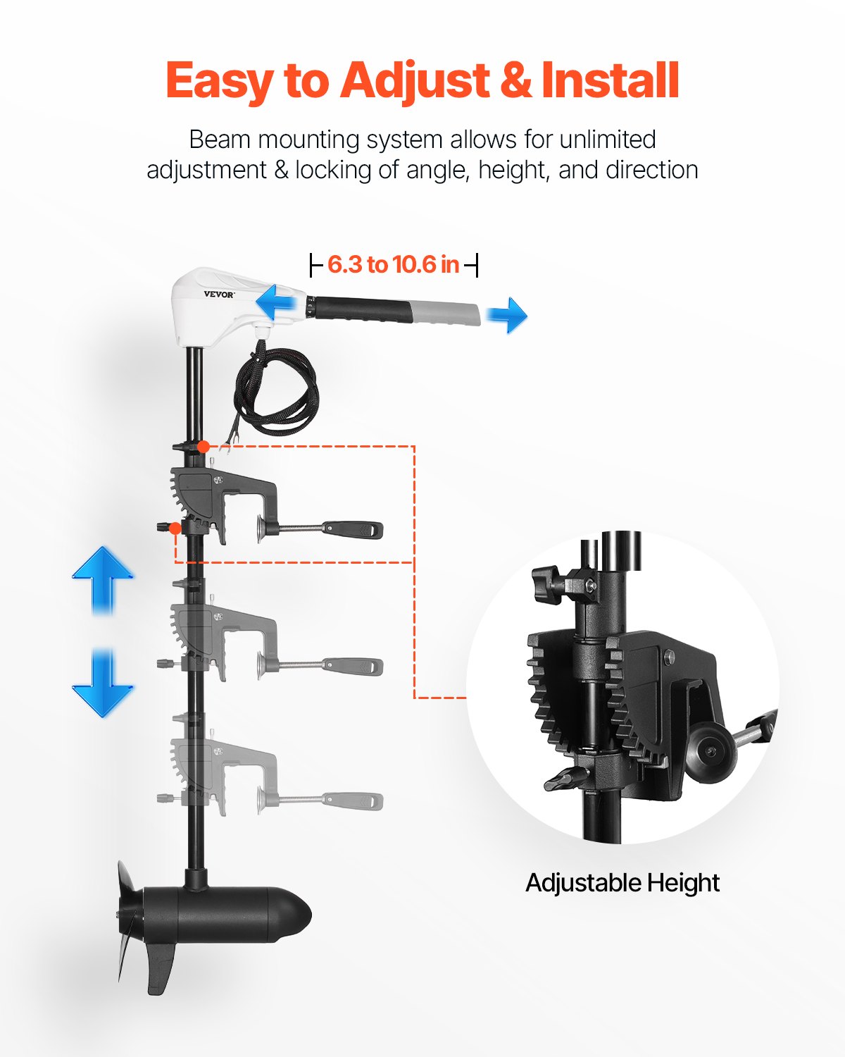 VEVOR Motor Eléctrico de Arrastre 25 kg de Empuje Motor Fuerabordas para Barco Montado en Espejo de Popa 12 V Eje de 76,2 cm 8 Velocidades con Indicador de Batería para Kayaks en Agua Dulce Salada