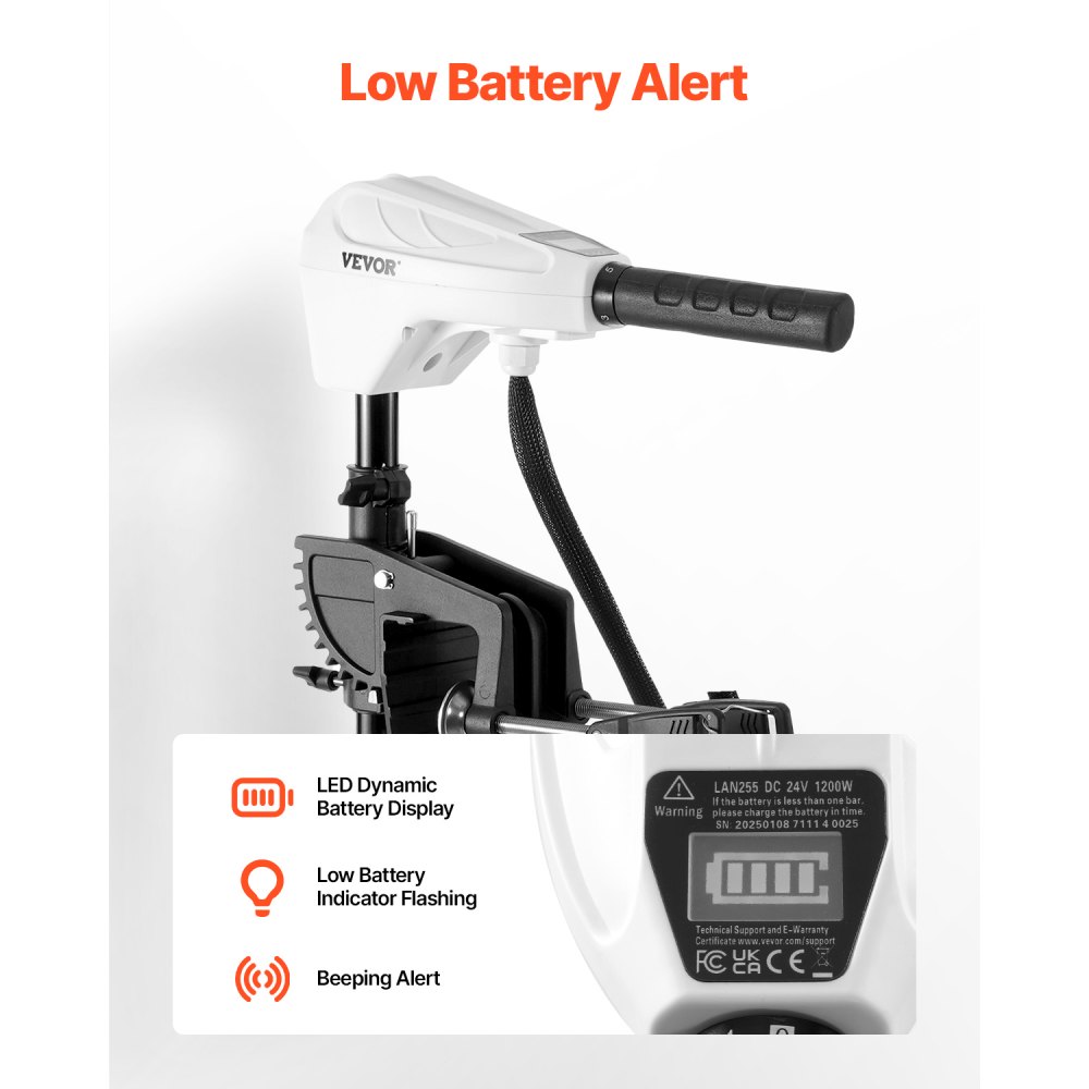 VEVOR Motor Eléctrico de Arrastre 39 kg de Empuje Motor Fuerabordas para Barco Montado en Espejo de Popa 24 V Eje de 91,5 cm 8 Velocidades con Indicador de Batería para Kayaks en Agua Dulce Salada