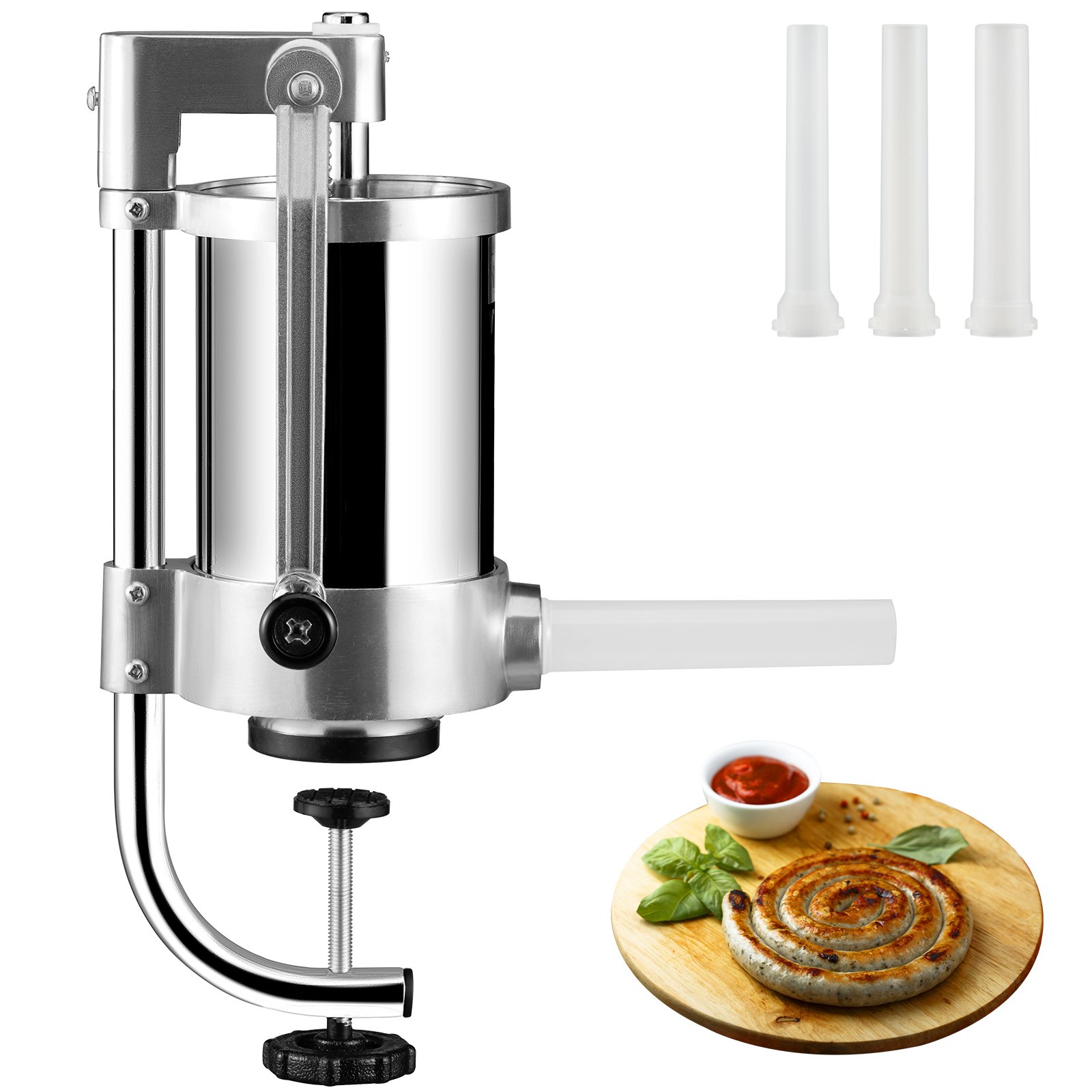 VEVOR Embutidora Manual de Salchichas Capacidad de 1,5 L Embutidora Vertical de Mesa de Acero Inoxidable con 3 Tubos de Relleno para Churros Salchichas de 16mm/19mm/22mm para Restaurante Supermercado