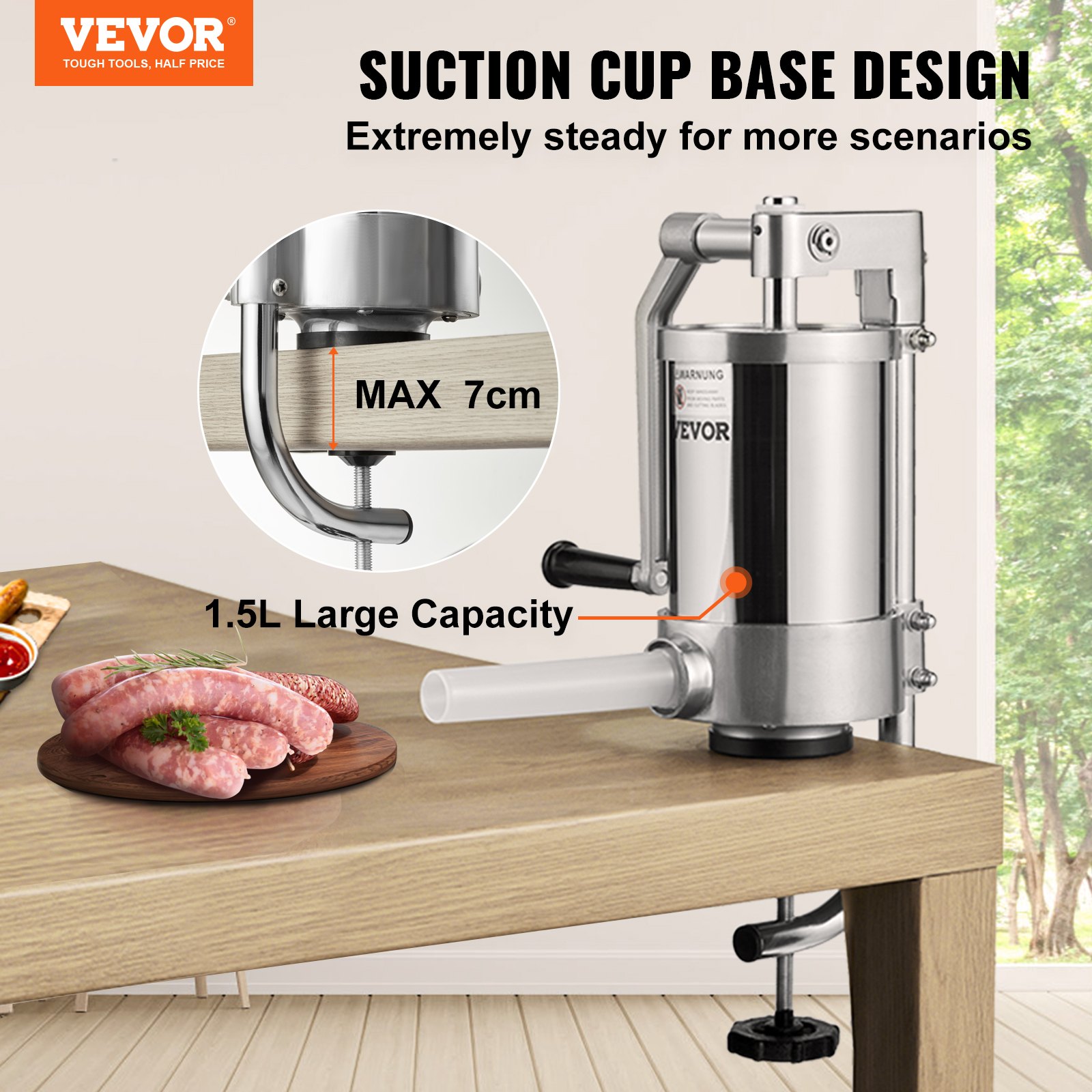 VEVOR Embutidora Manual de Salchichas Capacidad de 1,5 L Embutidora Vertical de Mesa de Acero Inoxidable con 3 Tubos de Relleno para Churros Salchichas de 16mm/19mm/22mm para Restaurante Supermercado