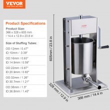 VEVOR Embutidora de Salchichas Vertical de Acero Inoxidable 10 L Manual 5 Tubos