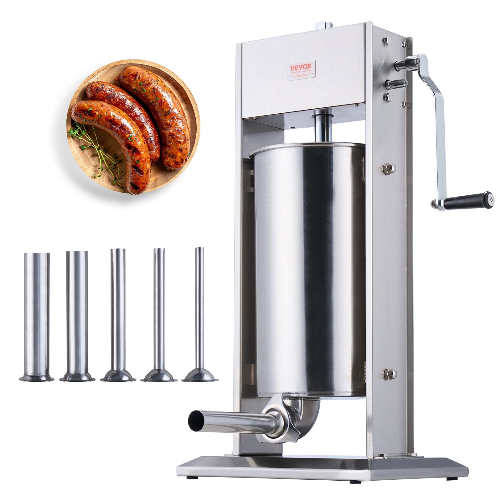 VEVOR Manual Sausage Stuffer, 15L / 30lb Vertical Sausage Machine, Two-Speed Meat Stuffer, Food-Grade 304 Stainless Steel, Includes 5 Filling Tubes, for Home, Kitchen, Restaurant, Commercial Use