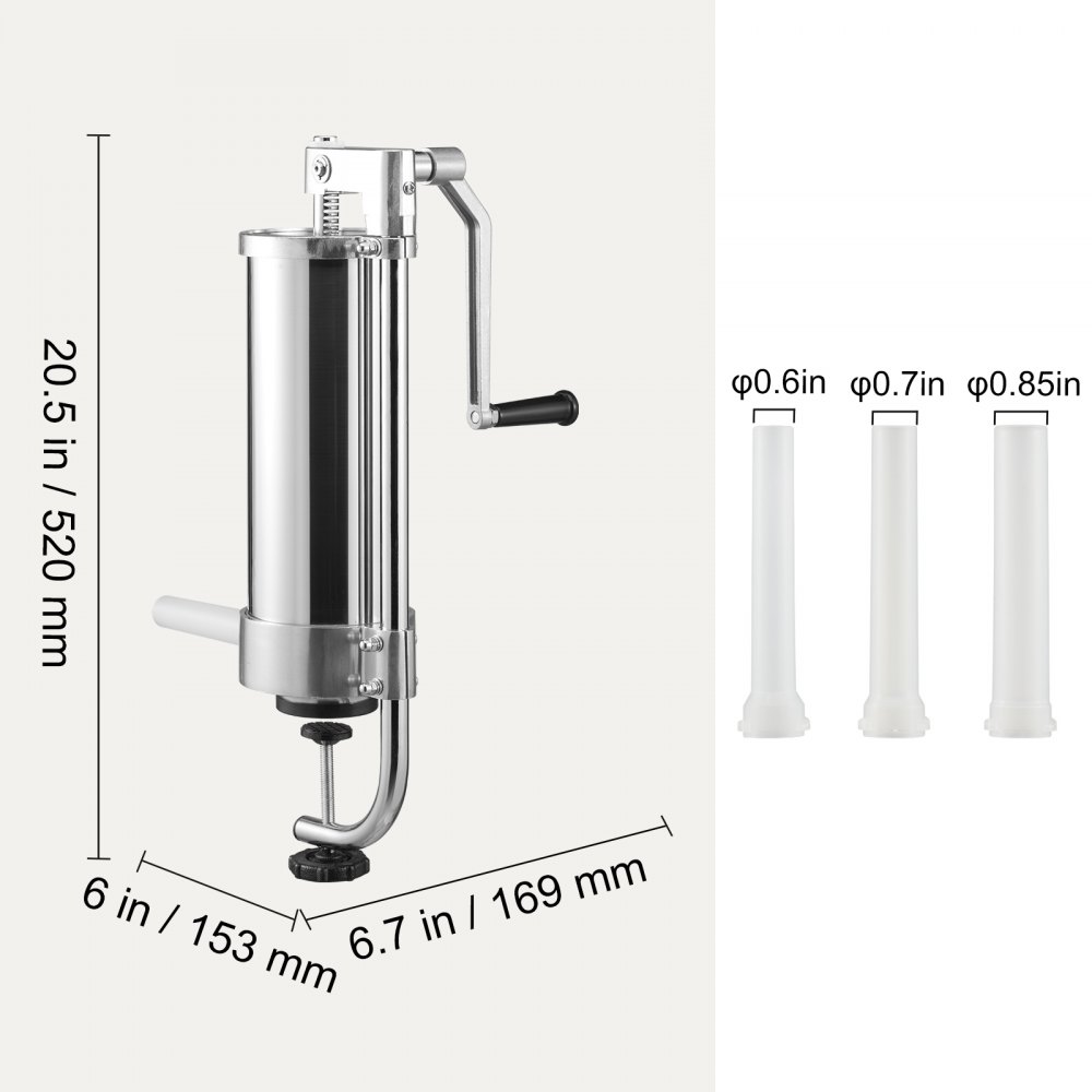 VEVOR Embutidora Manual de Salchichas Capacidad de 3 L Embutidora Vertical de Mesa de Acero Inoxidable con 3 Tubos de Relleno para Churros Salchichas de 16mm/19mm/22mm para Restaurante Supermercado